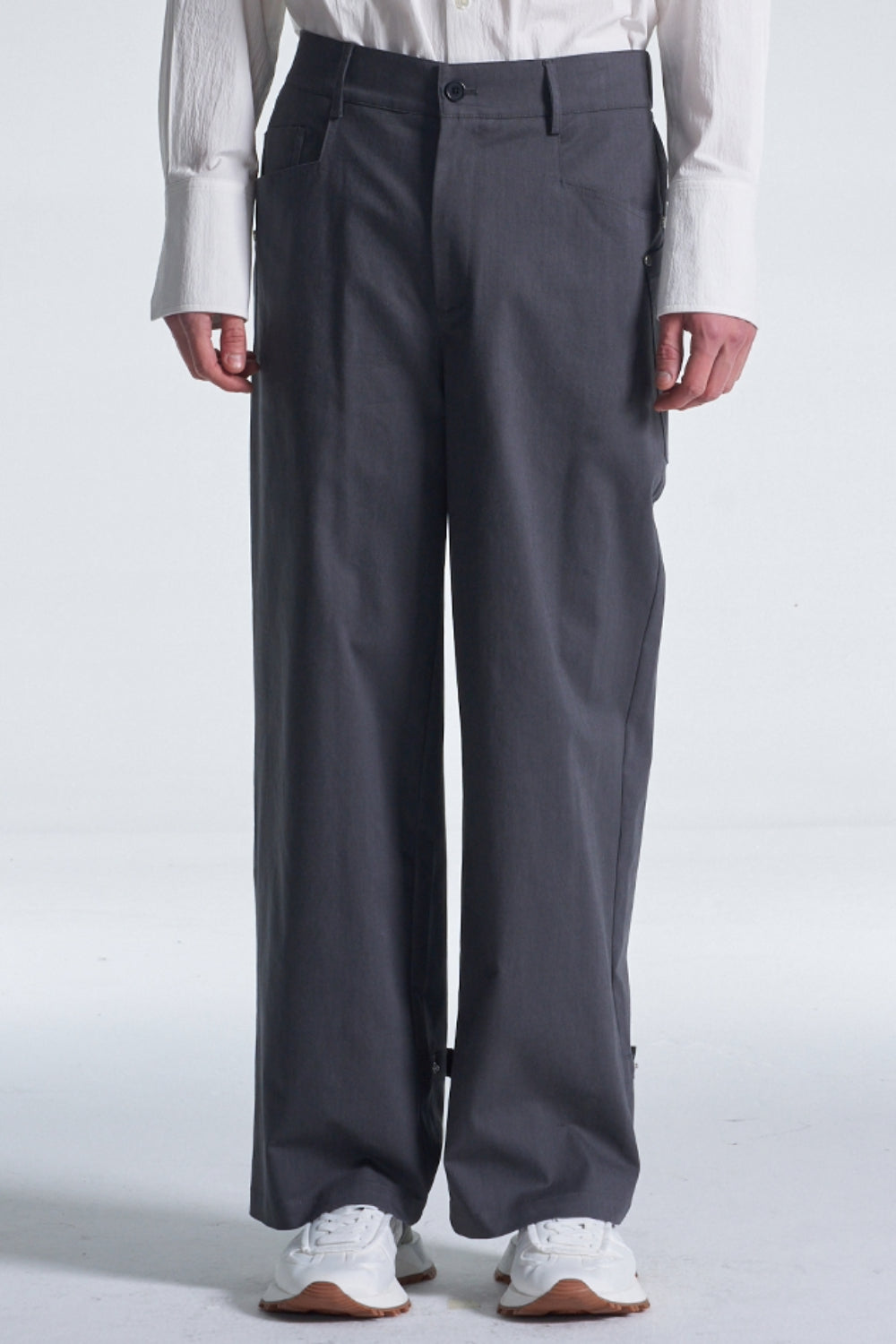 Wide Leg Cotton Trousers W/ Oversized Pockets Grey