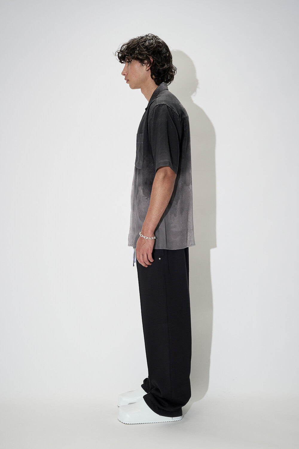 Blurry Print Open Collar S/S Shirt Black