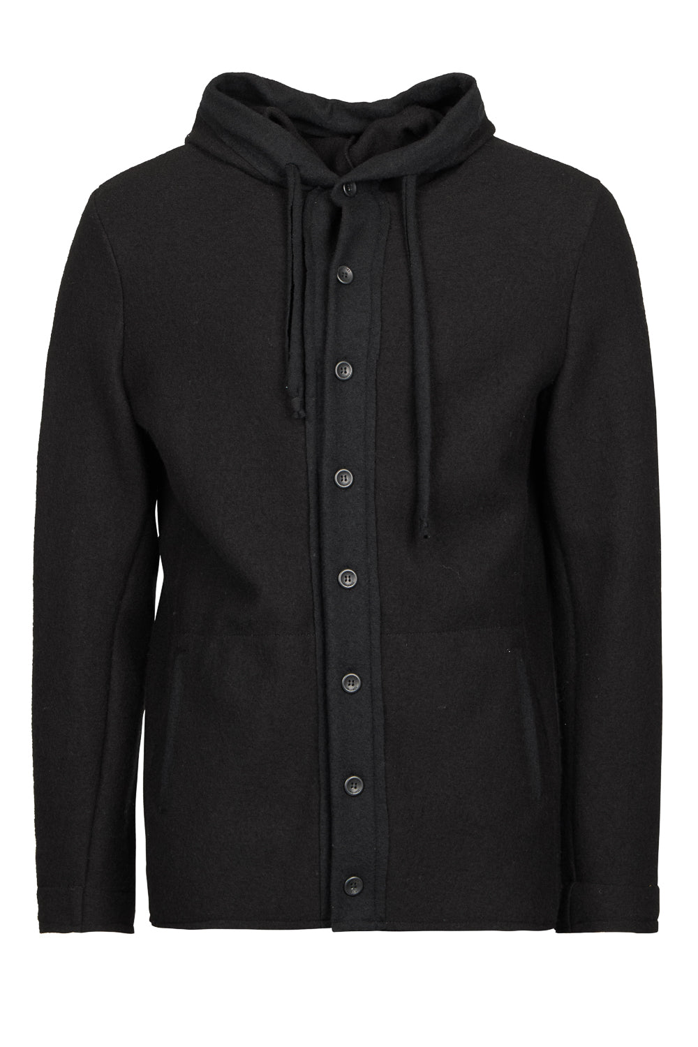 Boiled Wool Full Button-Up Hooded Cardigan Black