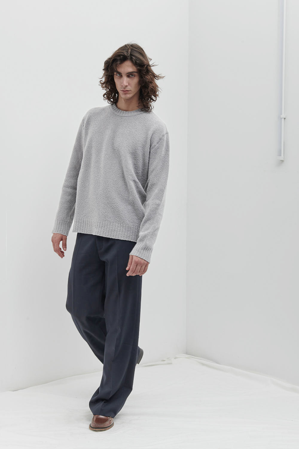 Boiled Wool Round Neck Sweater Light Grey
