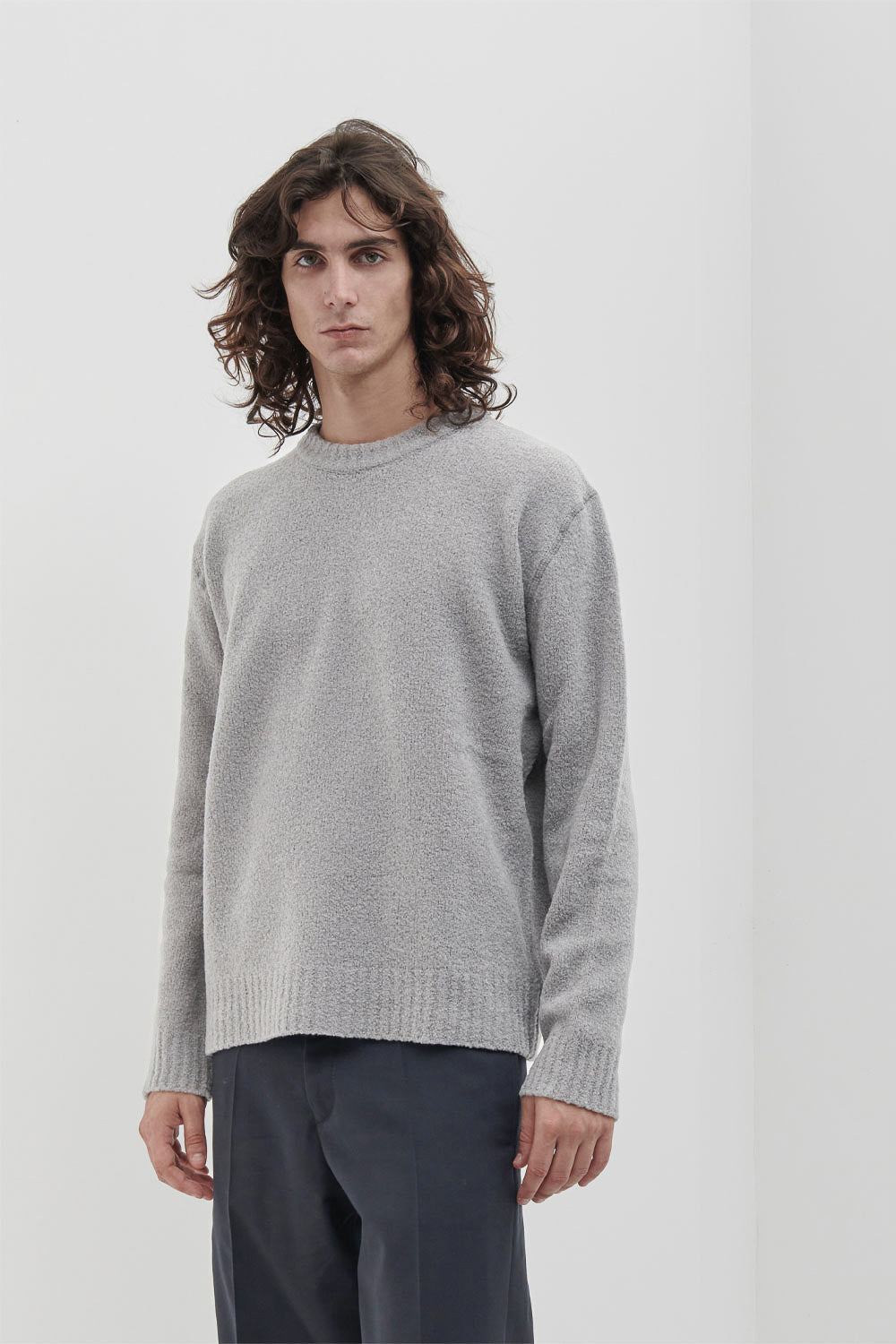 Boiled Wool Round Neck Sweater Light Grey
