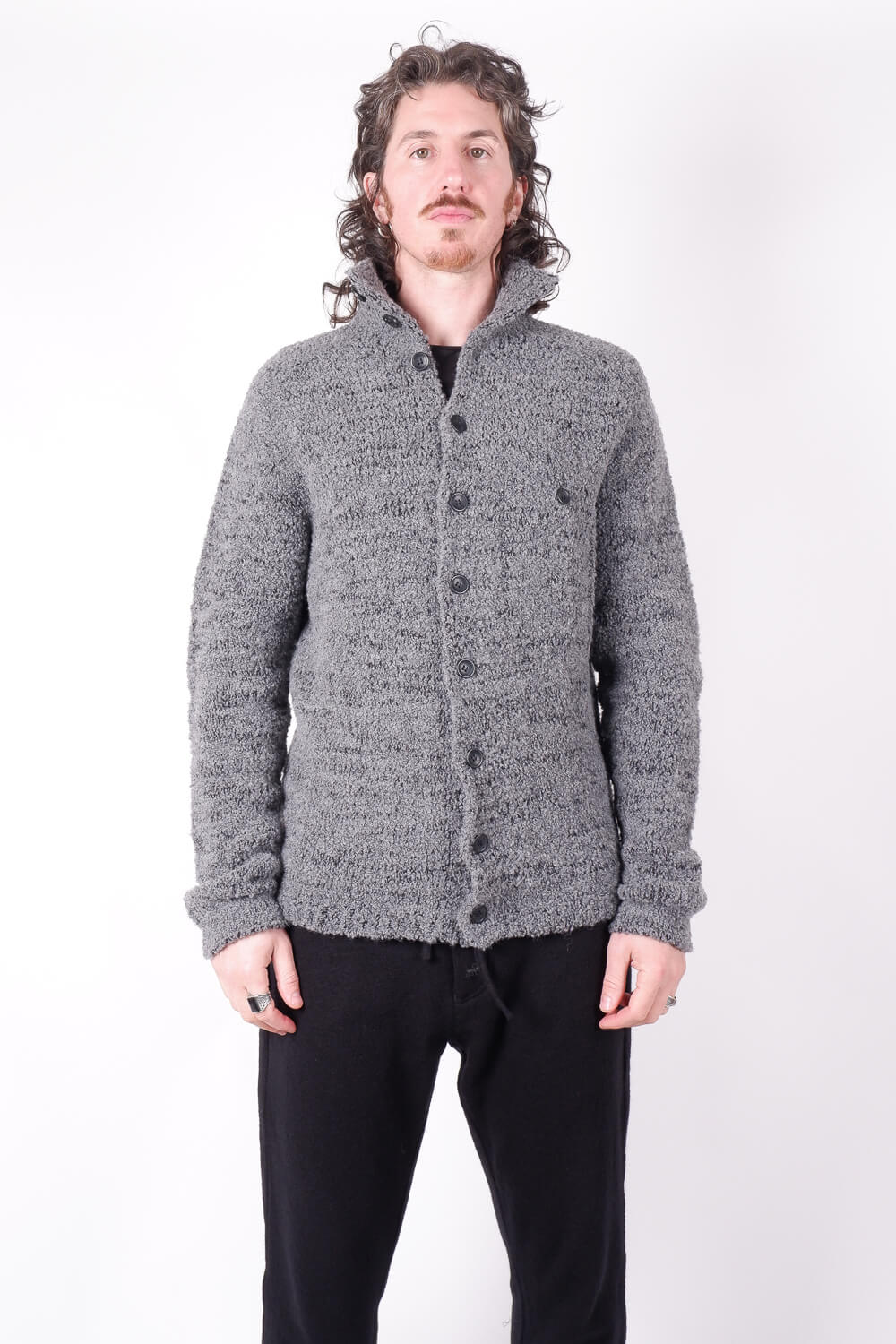 Button-Up High Collar Wool Cardigan Grey/Black