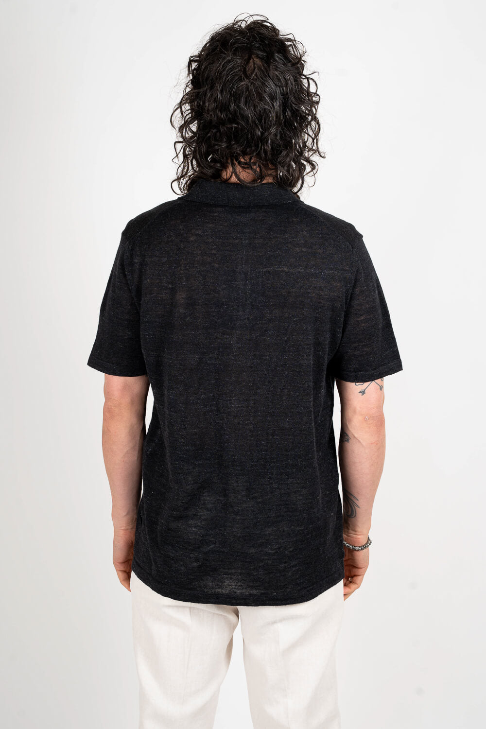 Button-Up Linen Polo Shirt Black