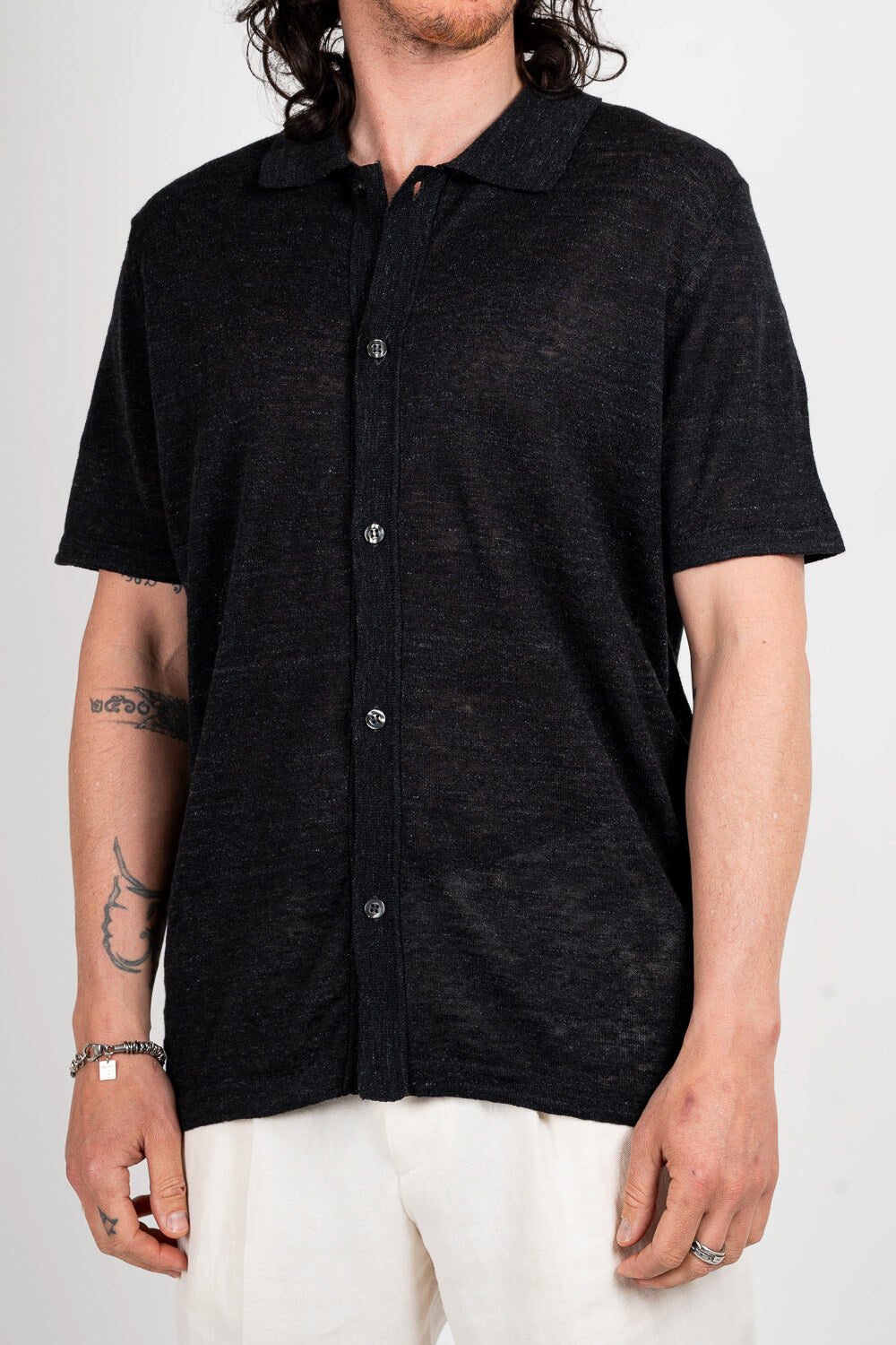 Button-Up Linen Polo Shirt Black