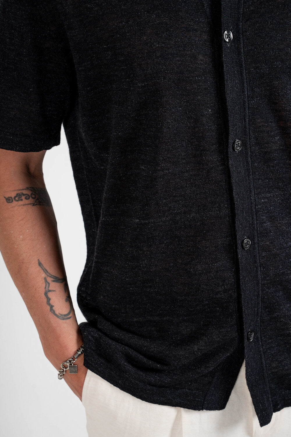 Button-Up Linen Polo Shirt Black