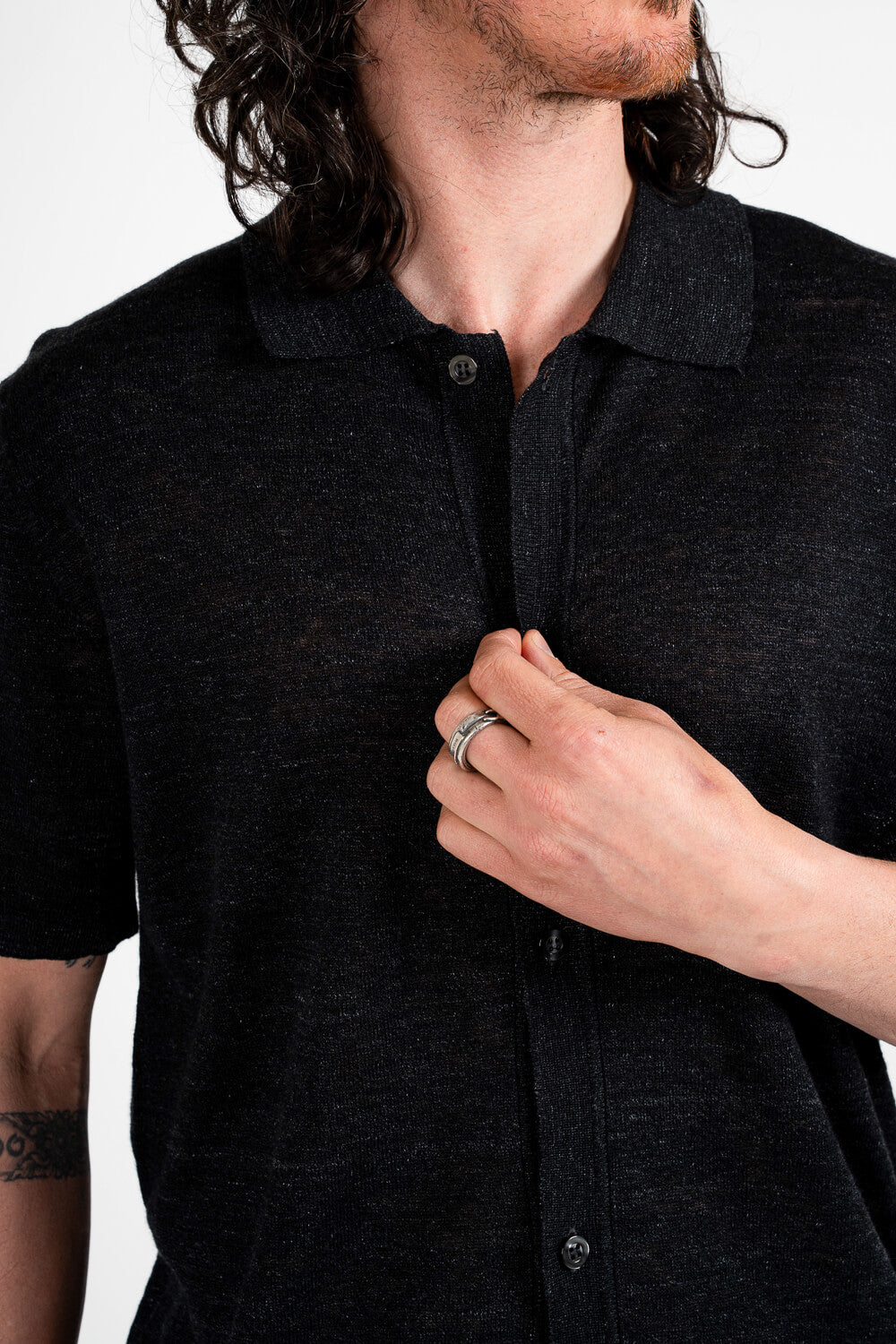 Button-Up Linen Polo Shirt Black