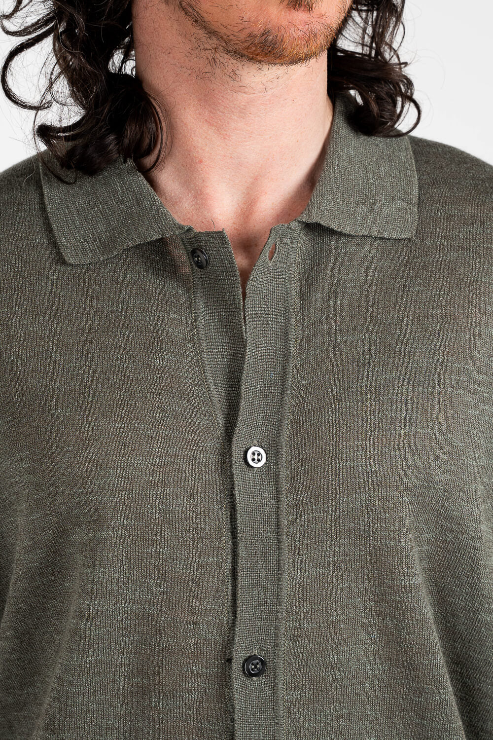 Button-Up Linen Polo Shirt Green