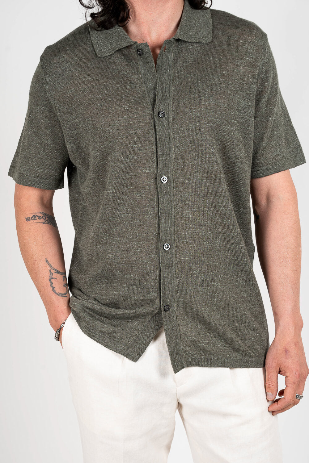 Button-Up Linen Polo Shirt Green