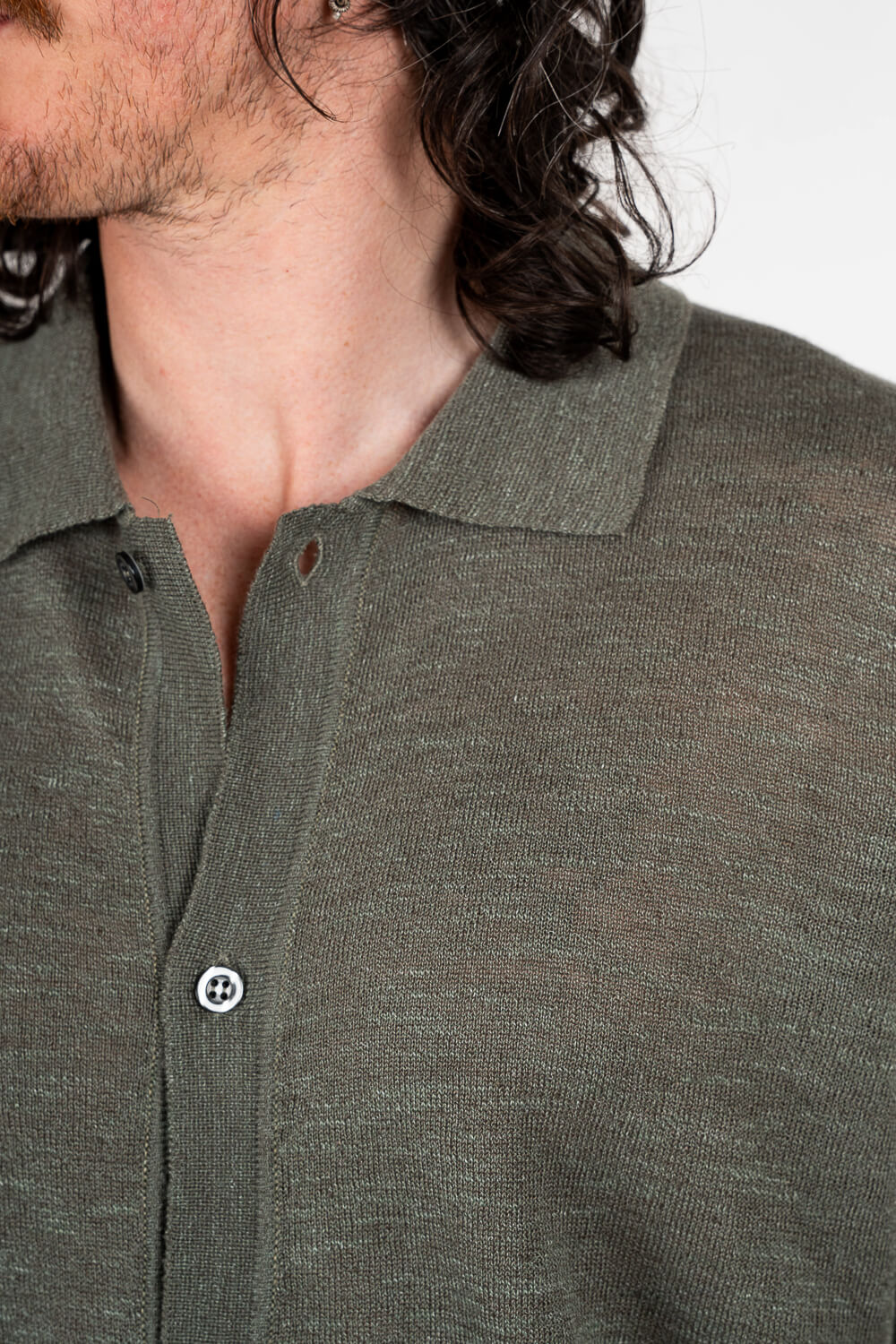 Button-Up Linen Polo Shirt Green