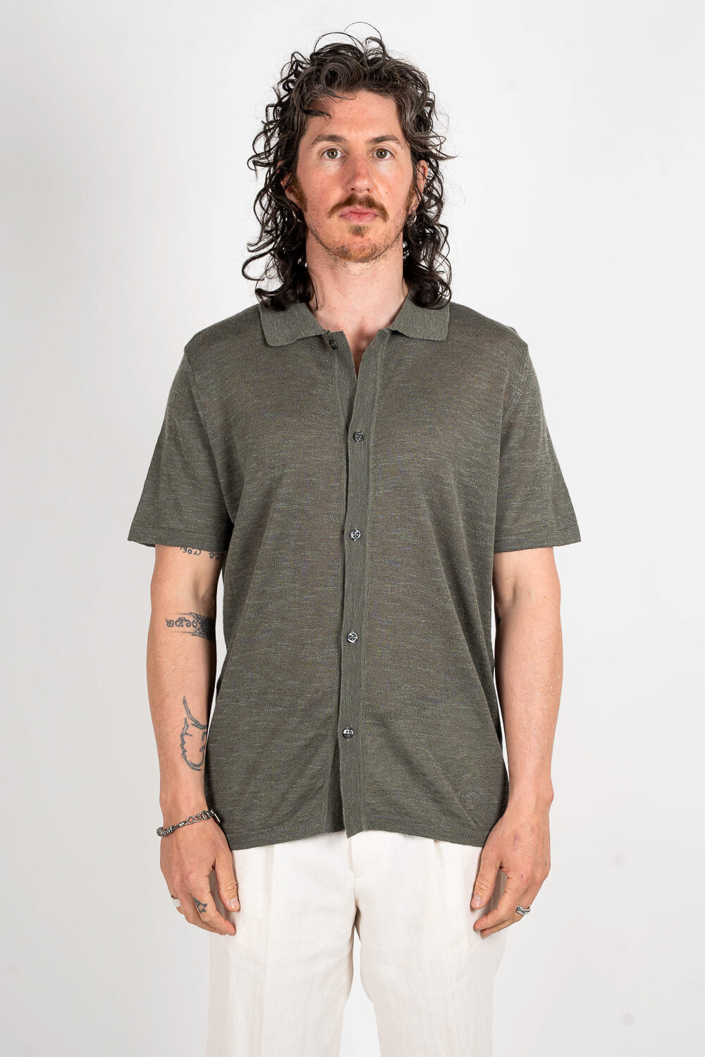 Button-Up Linen Polo Shirt Green