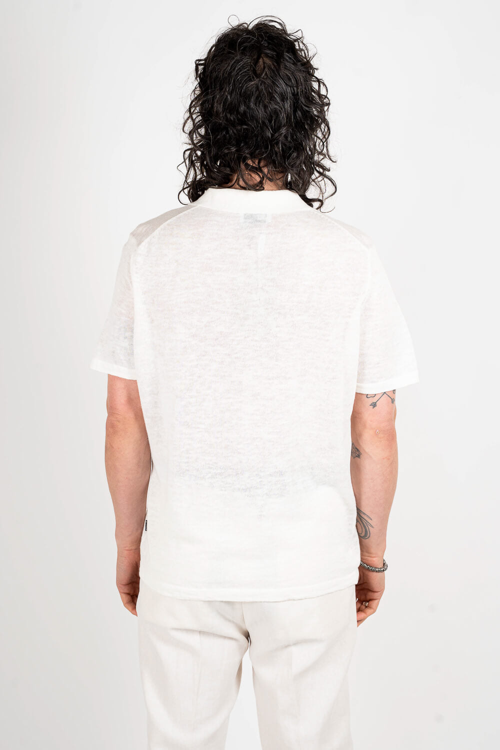 Button-Up Linen Polo Shirt White