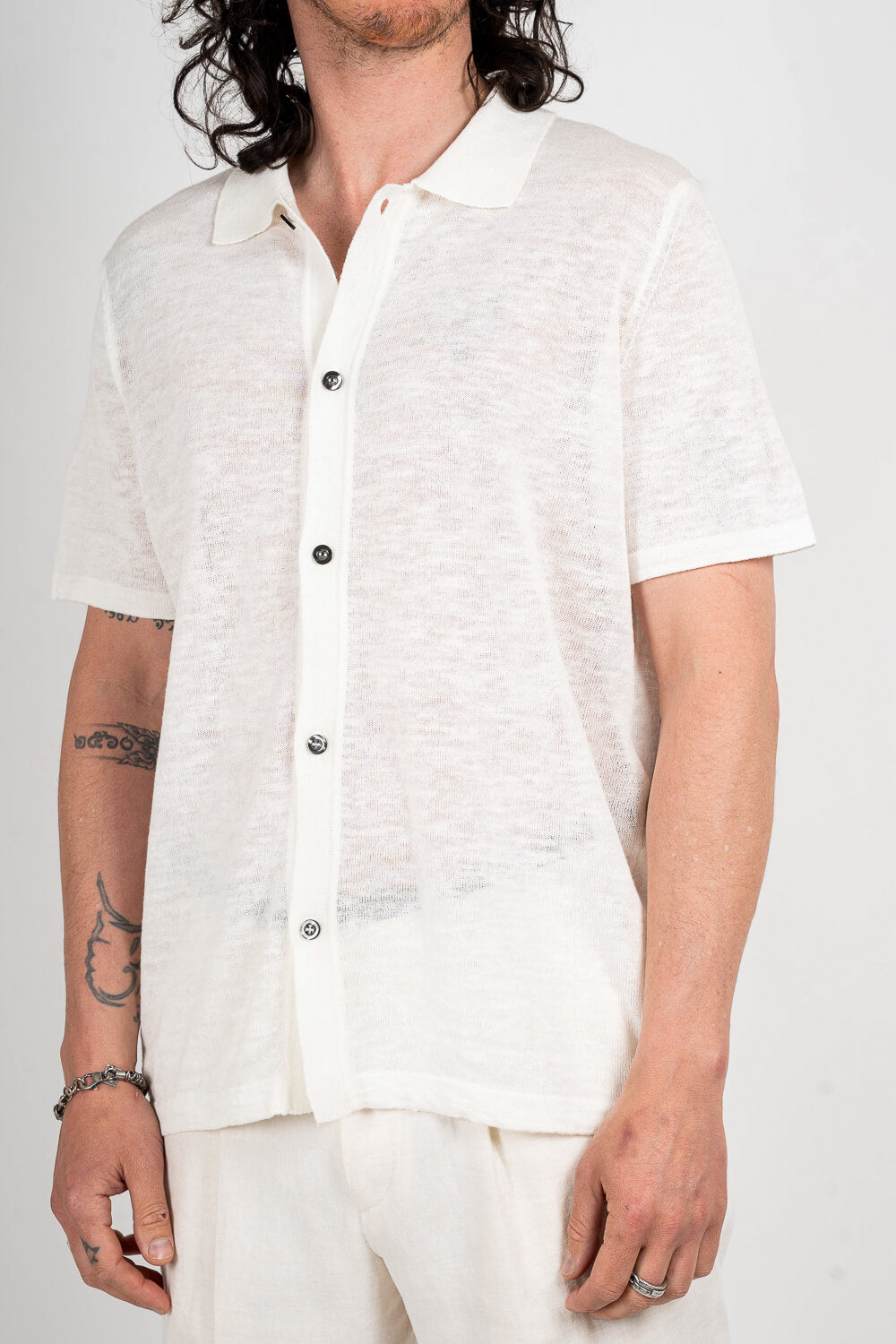 Button-Up Linen Polo Shirt White