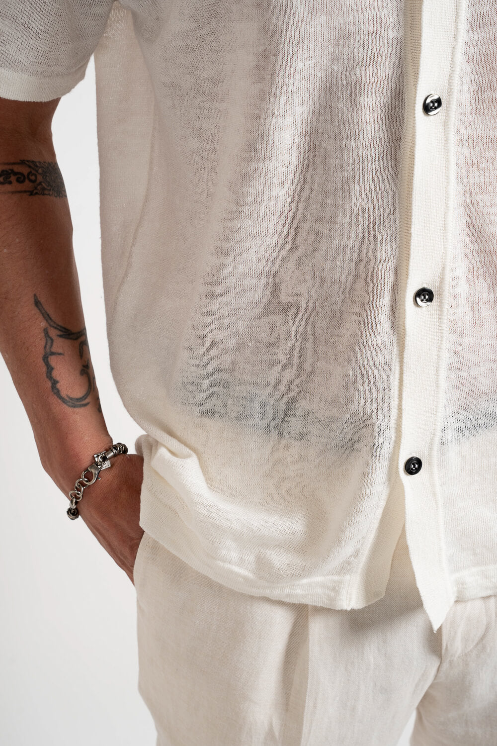 Button-Up Linen Polo Shirt White