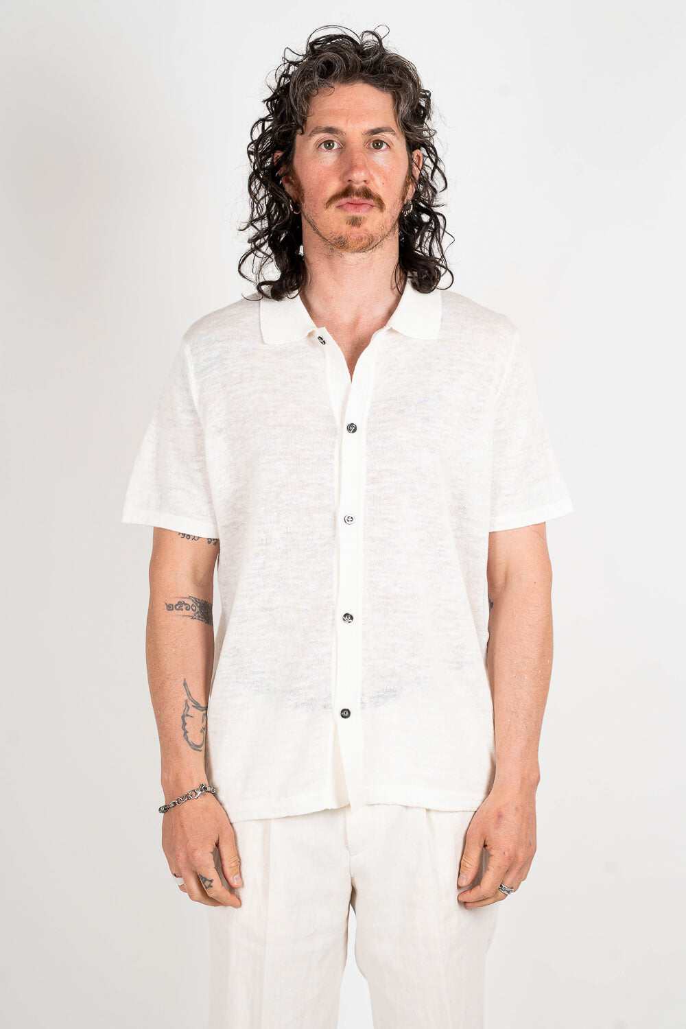 Button-Up Linen Polo Shirt White