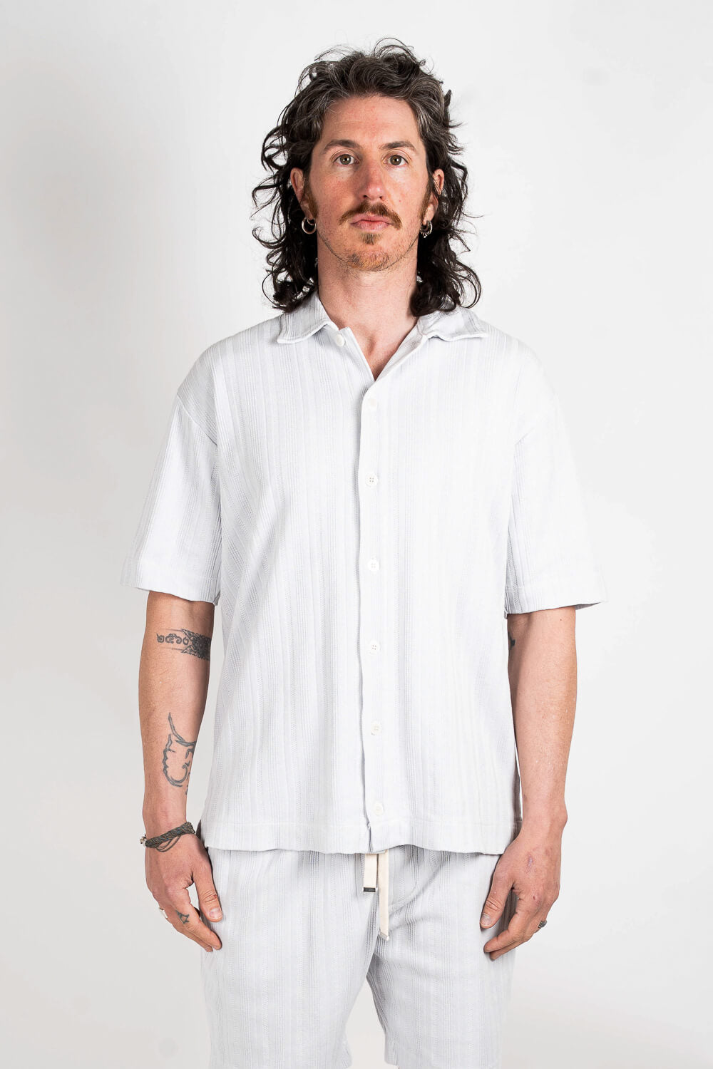 Button-Up Patterned Jersey Shirt White