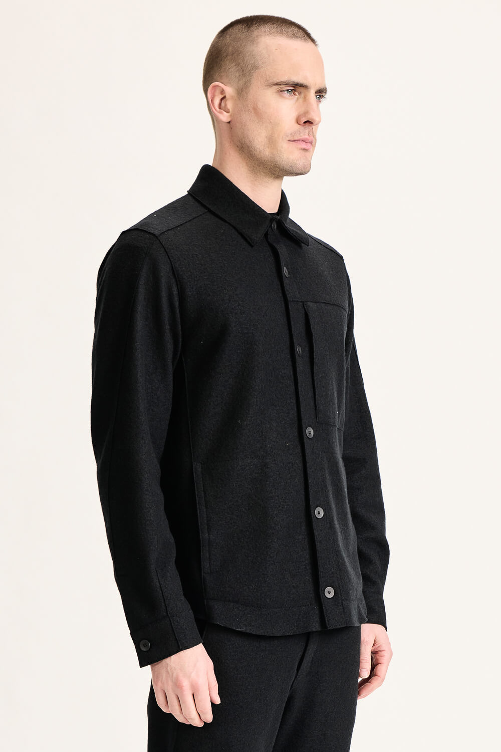 Button-Up Virgin Wool W/ Zipped Chest Detail Overshirt Black