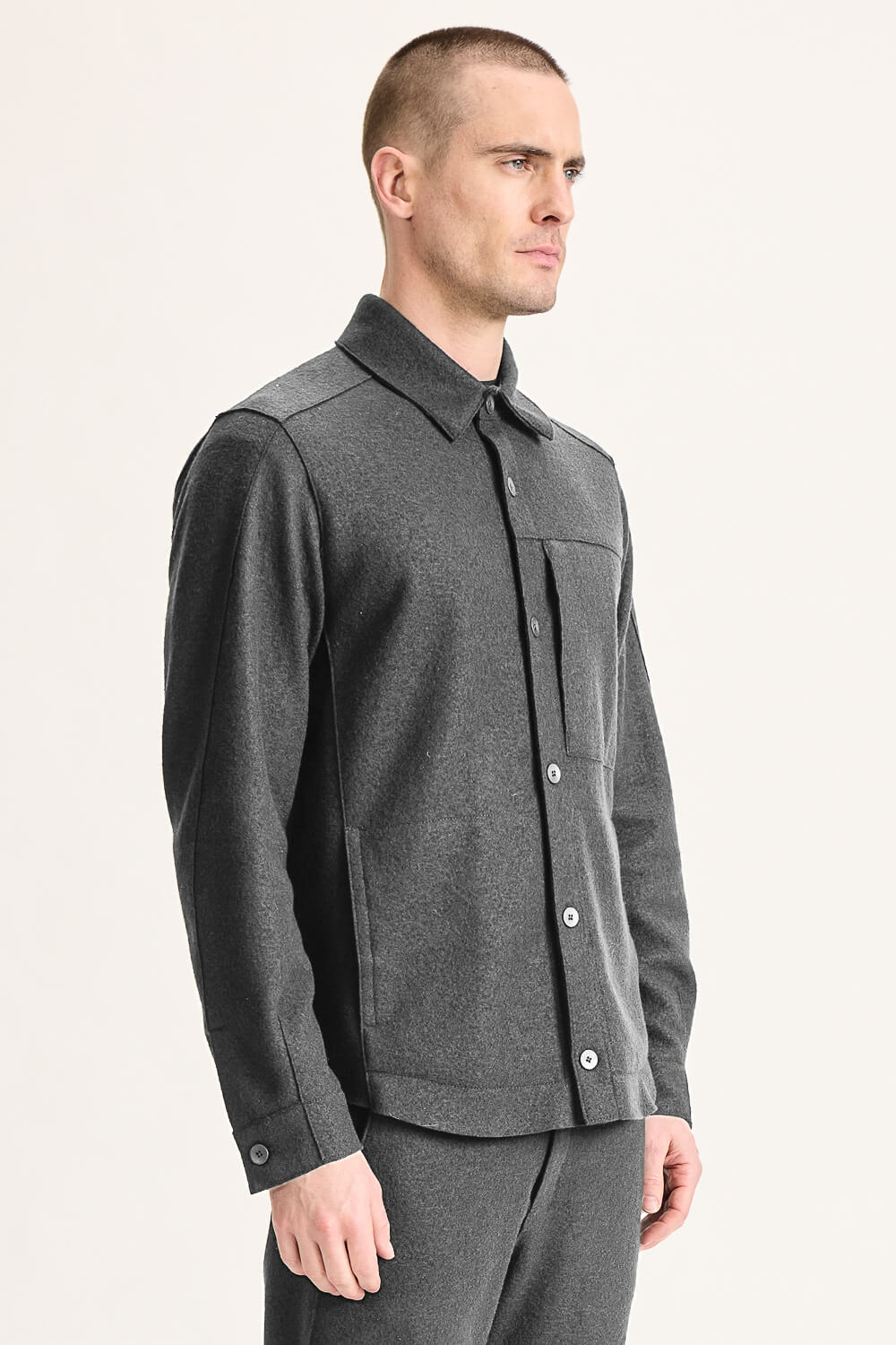 Button-Up Virgin Wool W/ Zipped Chest Detail Overshirt Charcoal