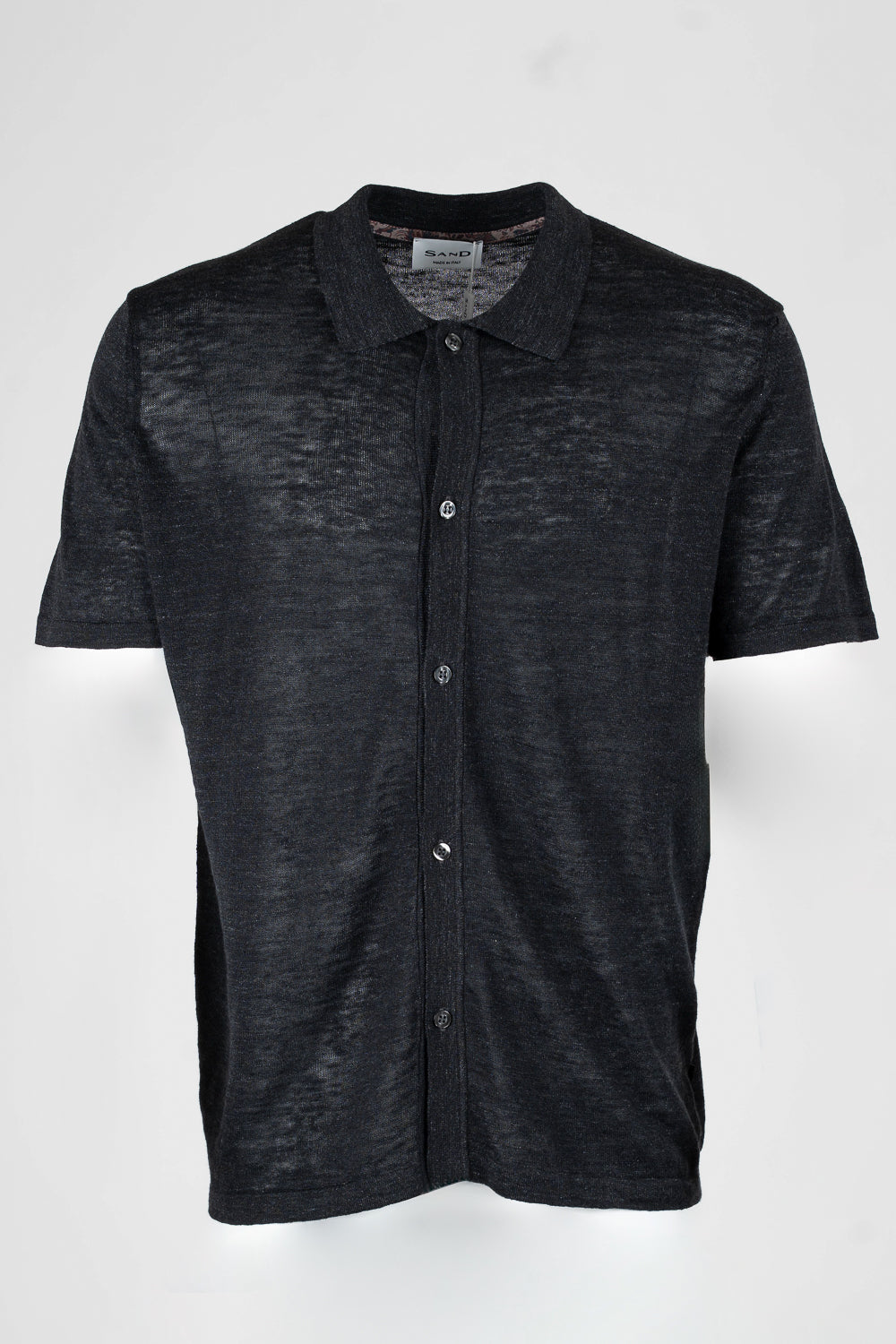 Button-Up Linen Polo Shirt Black