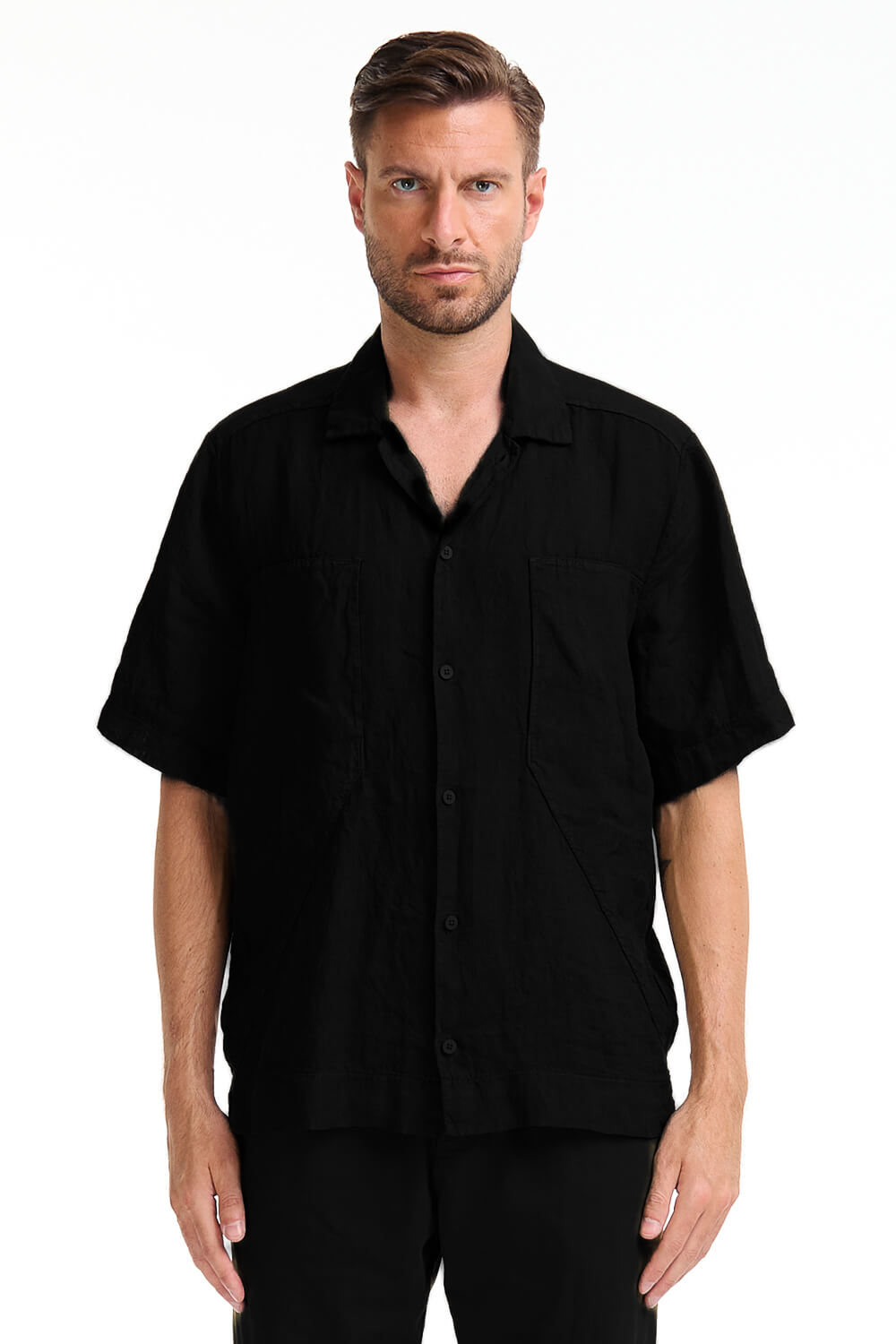 Front Pocket S/S Linen Shirt Black