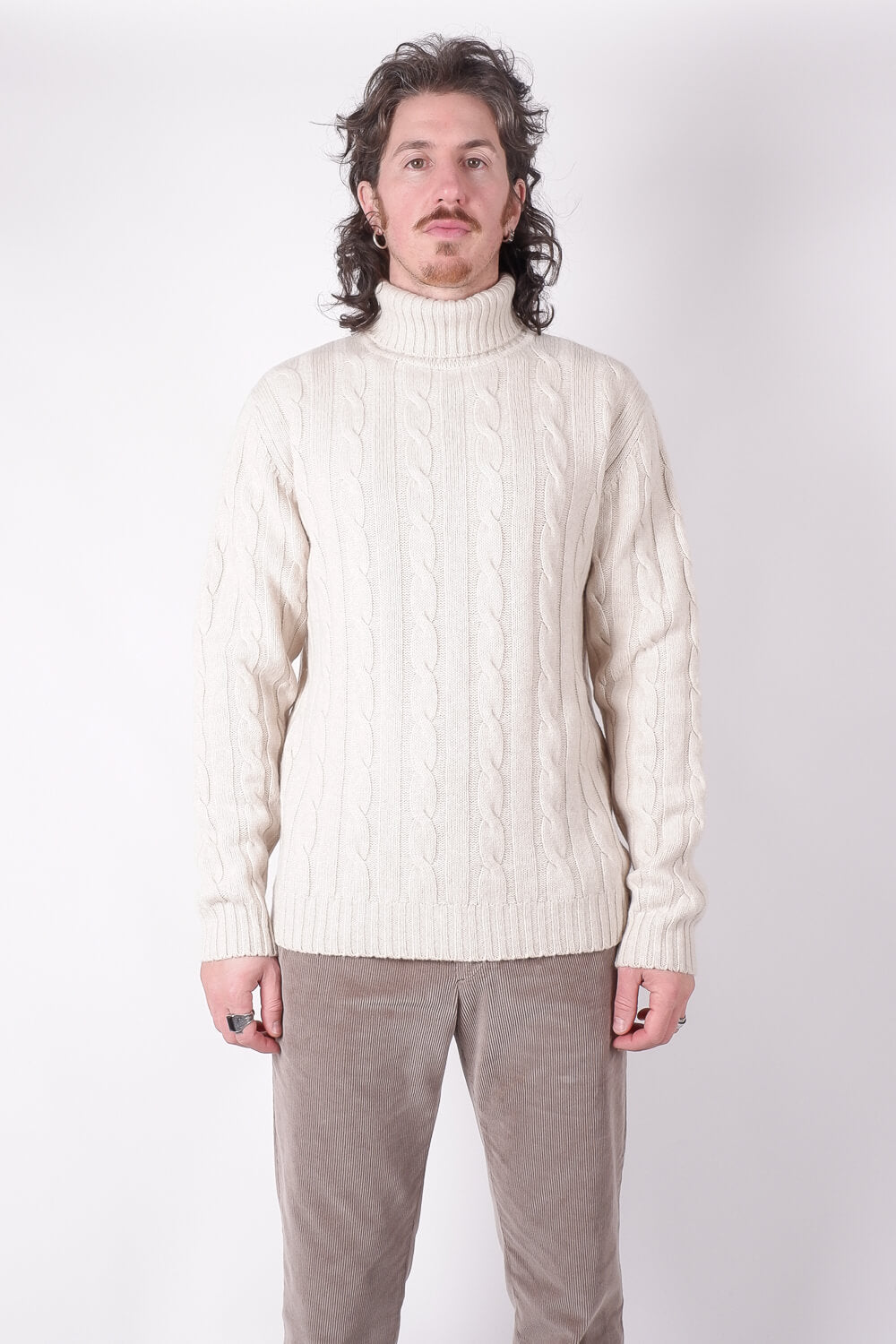 Cable Lana Merino Extra Fine Roll Neck Sweater Beige