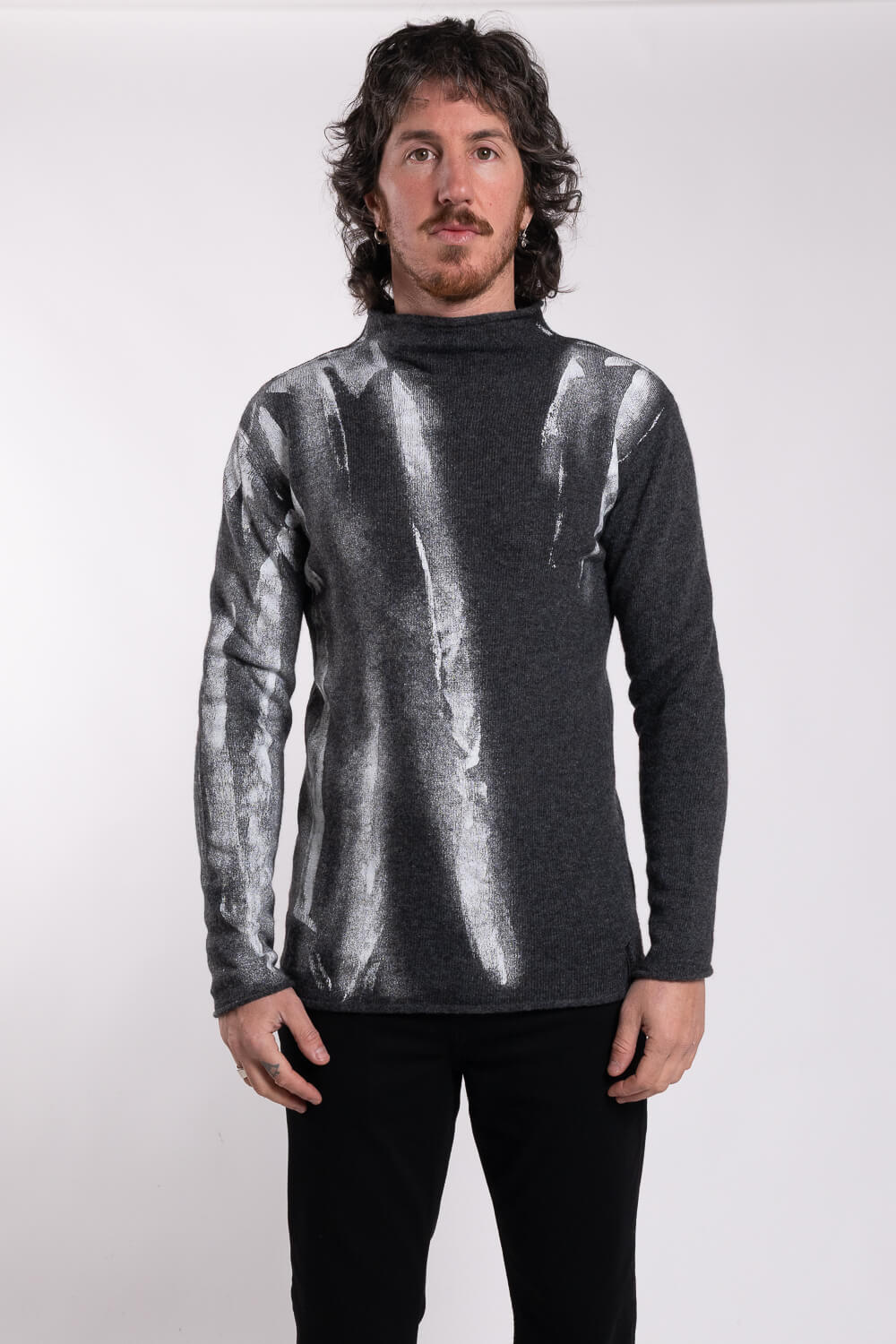 Cashmere Blend Paint Effect Turtle Neck Jumper Charcoal/White