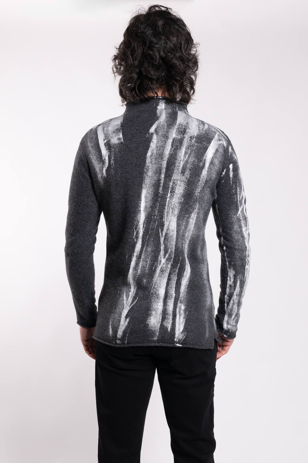 Cashmere Blend Paint Effect Turtle Neck Jumper Charcoal/White