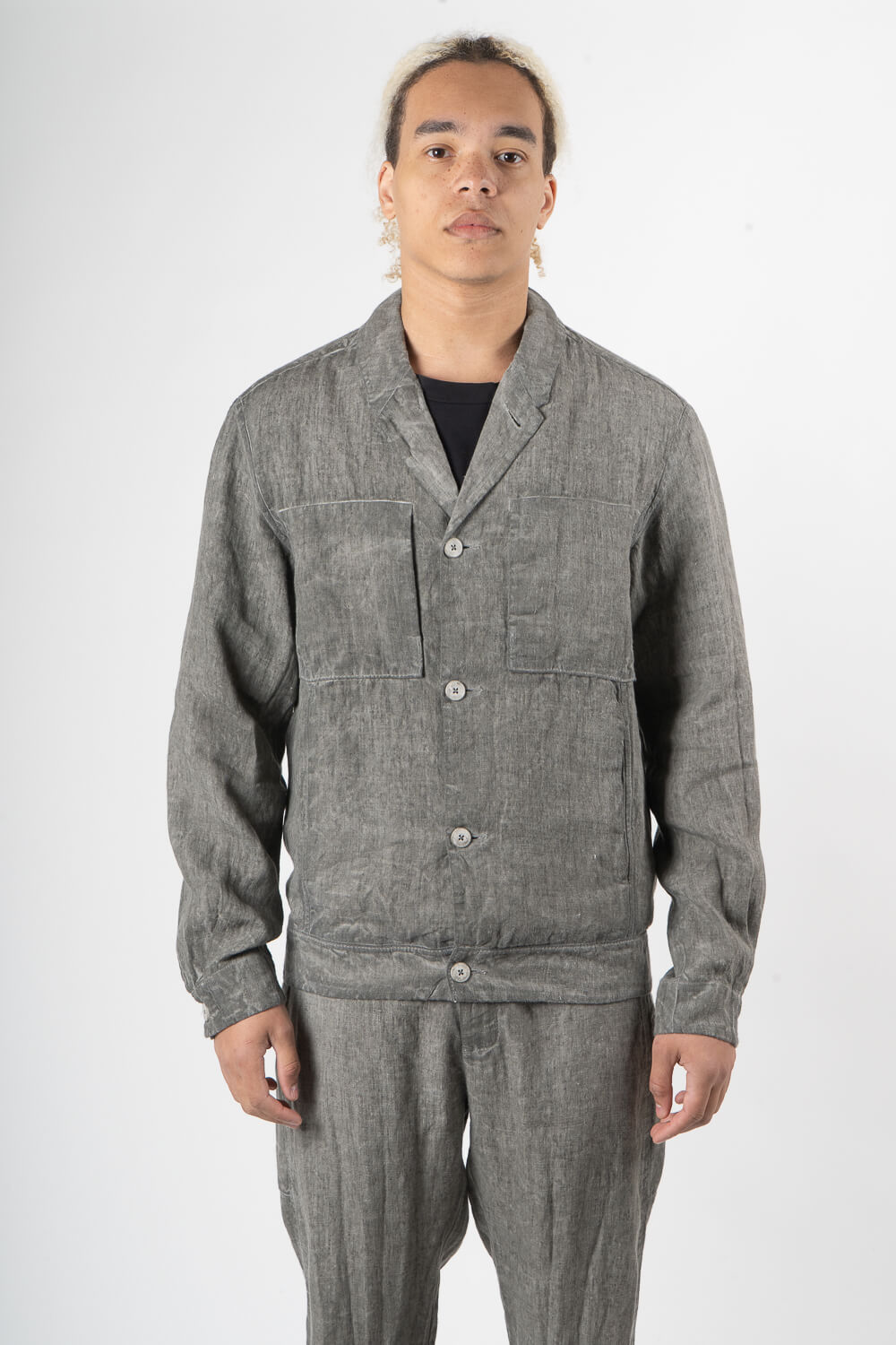 Cold-Dye Button-Up Linen Blazer Grey