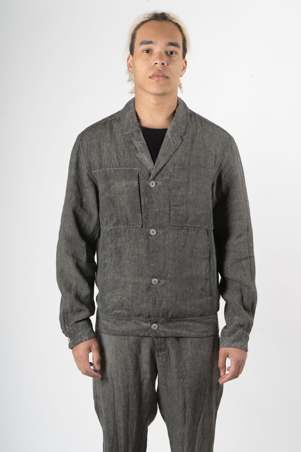 Cold-Dye Button-Up Linen Blazer Grey