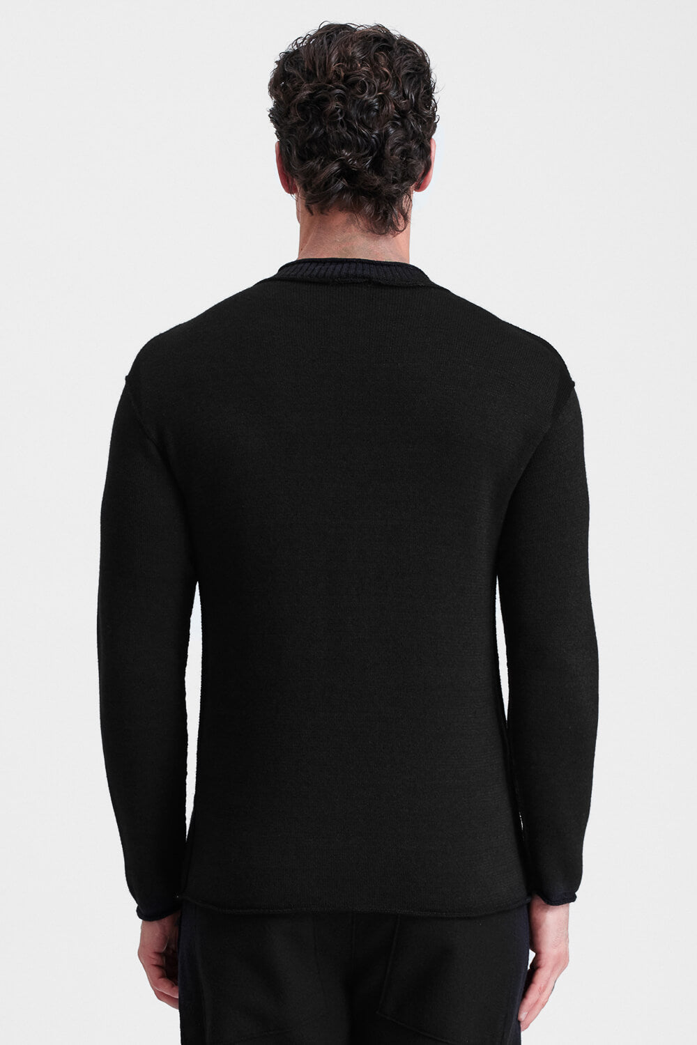 Contrast Insert Virgin Wool/Linen Turtle Neck Jumper Black