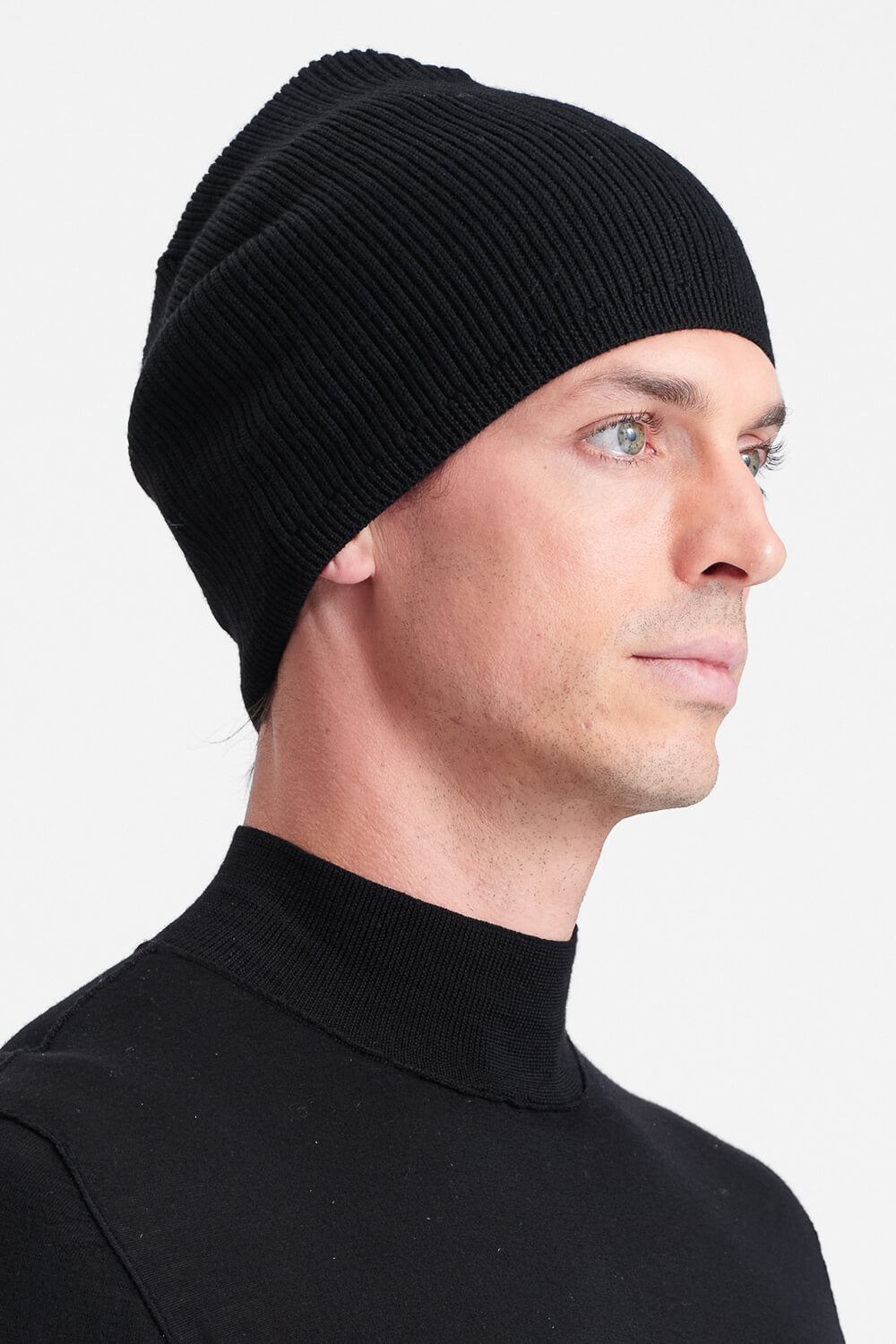 Contrast Stitch Ribbed Wool Beanie Black