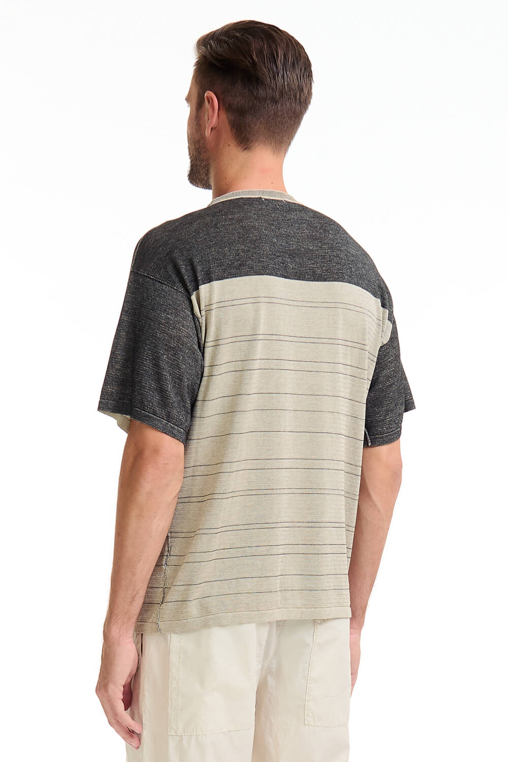 Contrast Stripe Italian Cotton T-Shirt Charcoal/Beige