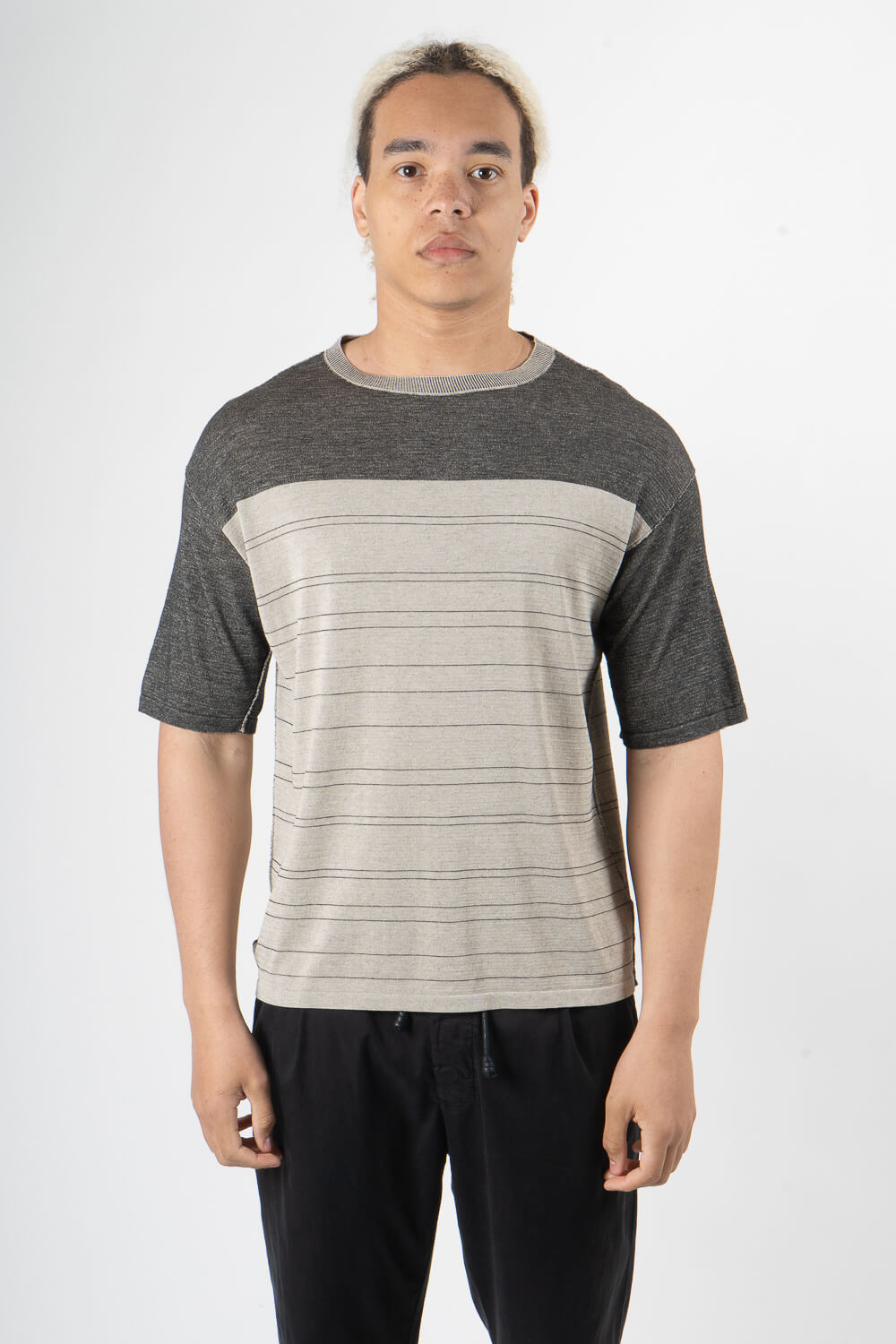 Contrast Stripe Italian Cotton T-Shirt Charcoal/Beige