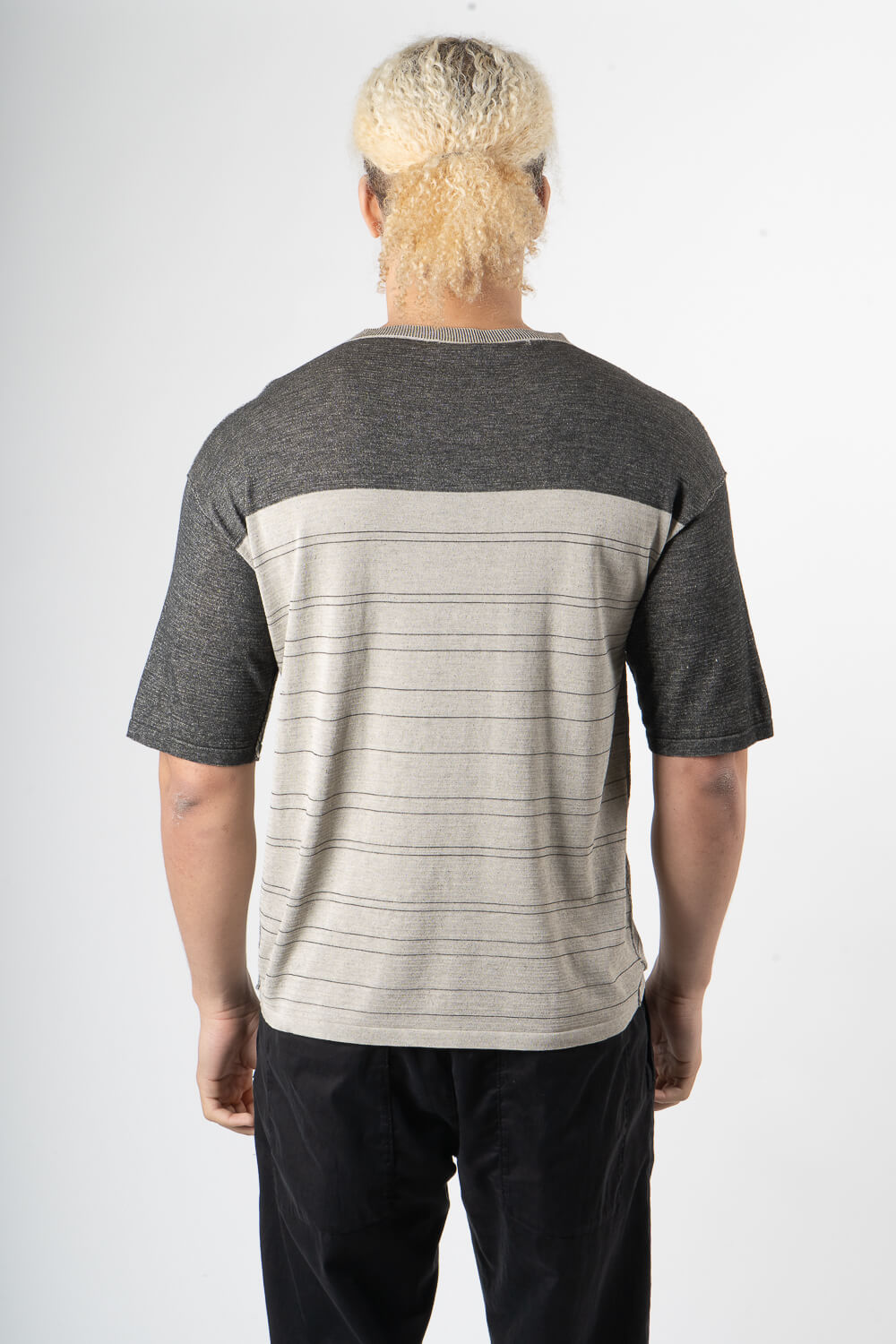 Contrast Stripe Italian Cotton T-Shirt Charcoal/Beige