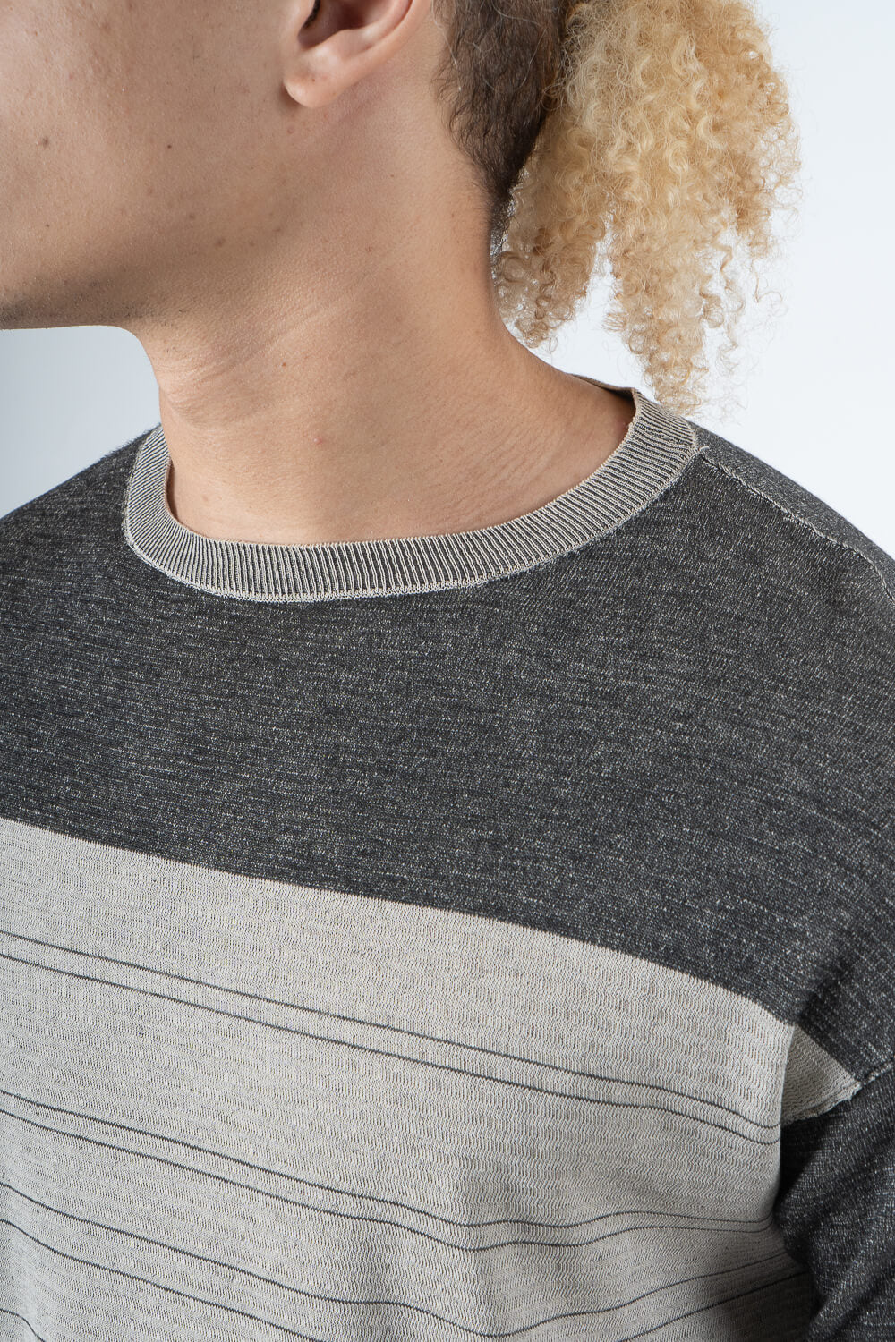 Contrast Stripe Italian Cotton T-Shirt Charcoal/Beige