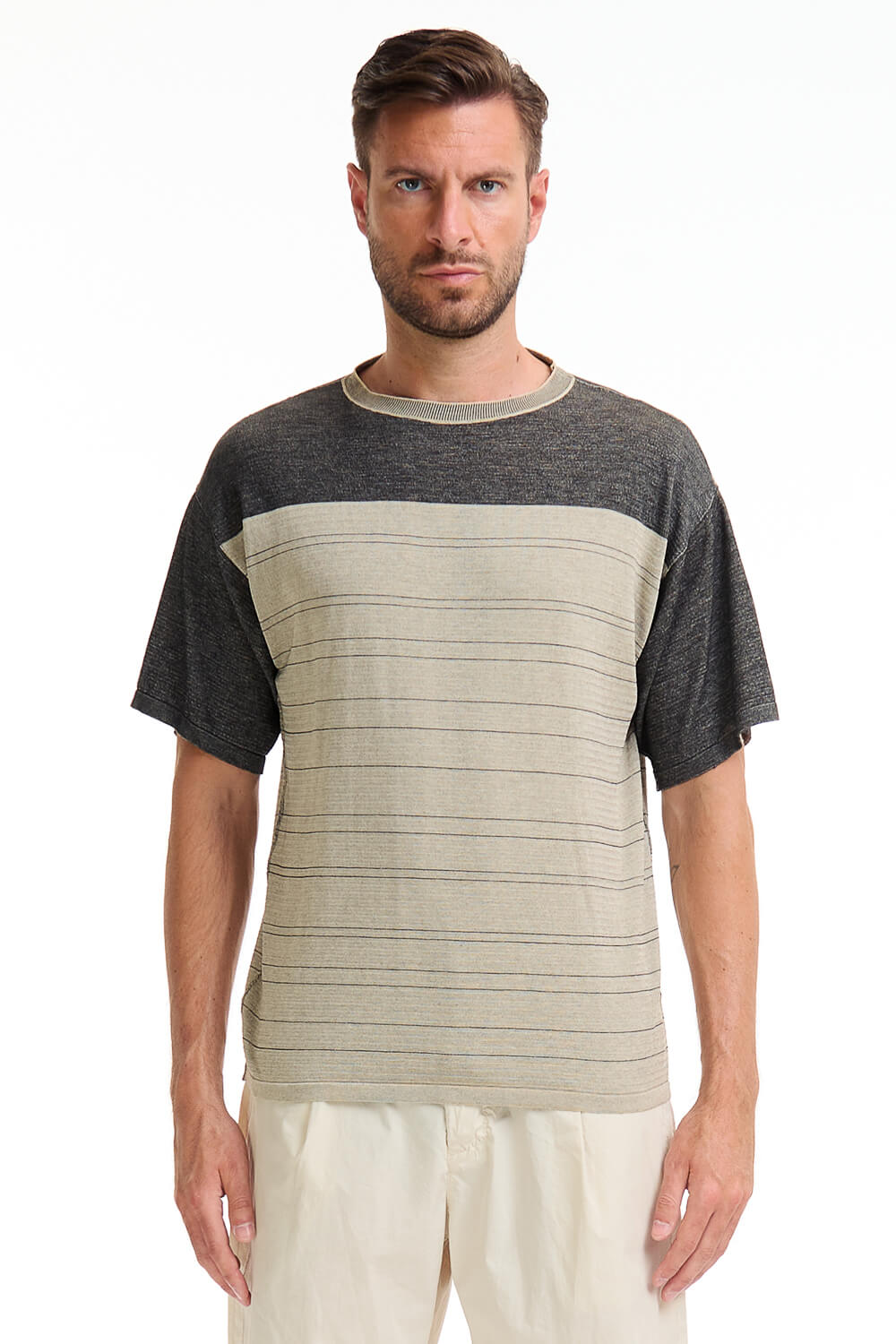 Contrast Stripe Italian Cotton T-Shirt Charcoal/Beige