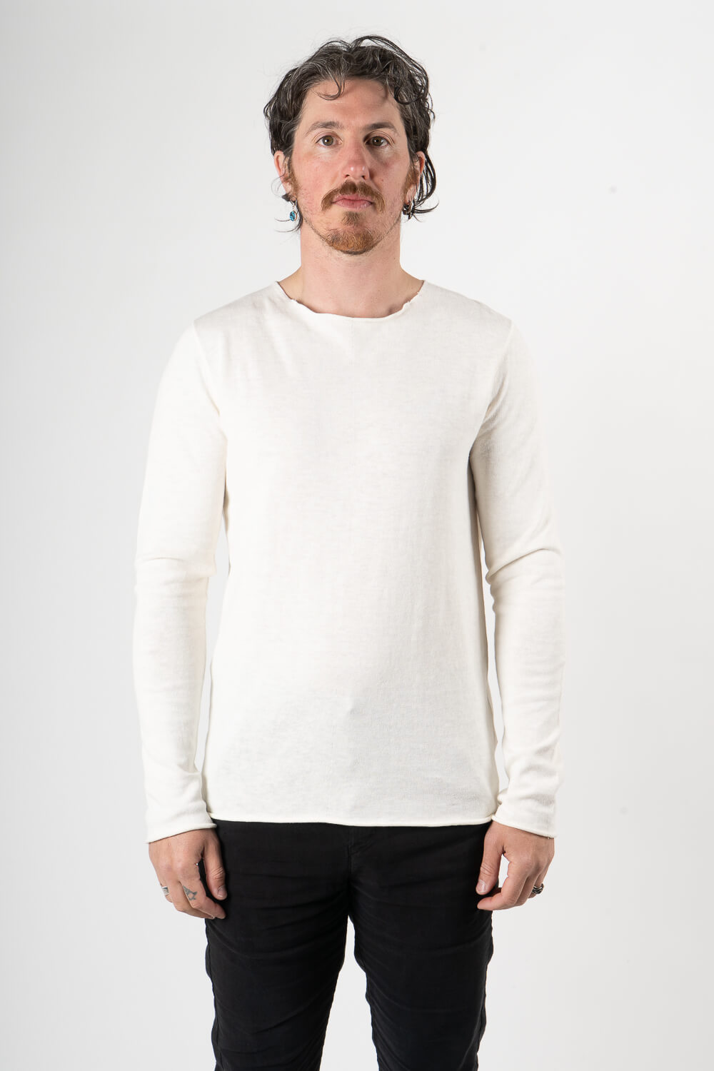 Cotton/Linen Raw Neck L/S T-Shirt Cream