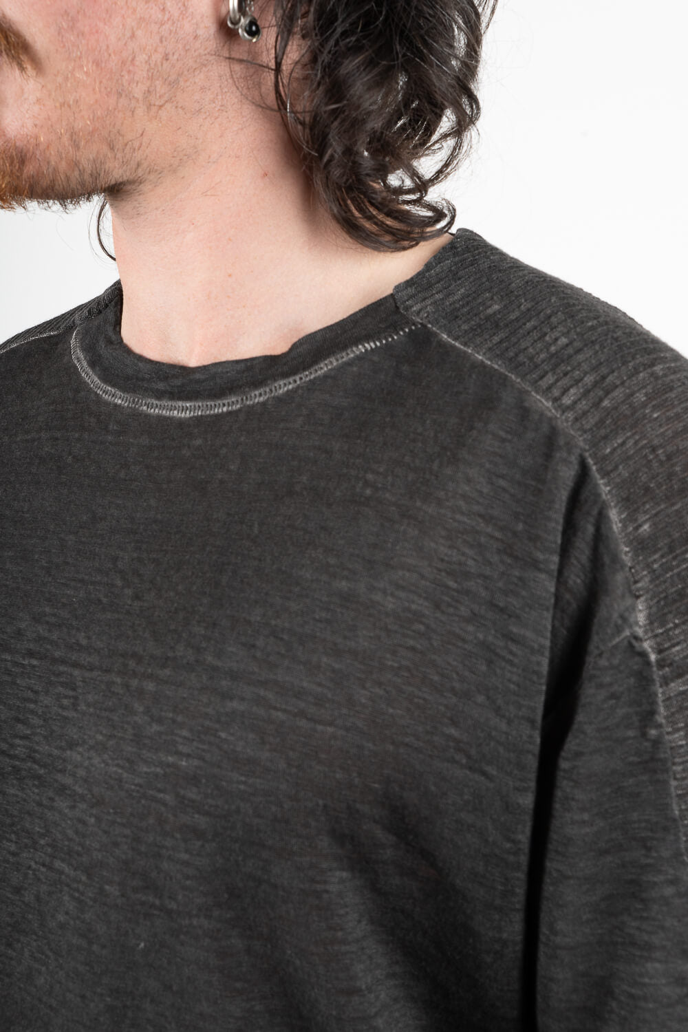 Cotton/Linen Shoulder Detail Inserts T-Shirt Charcoal