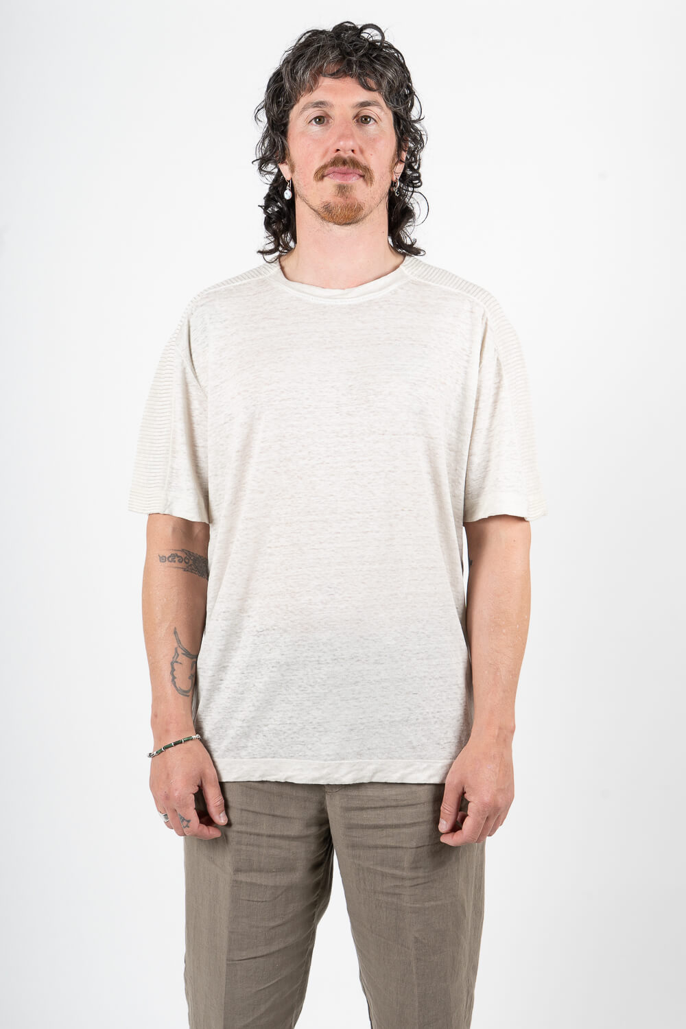 Cotton/Linen Shoulder Detail Inserts T-Shirt Stone