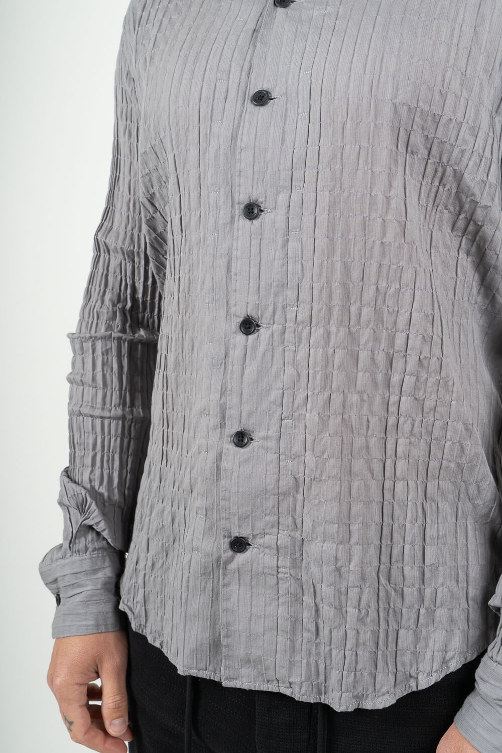 Crinkled Effect Open Collar Shirt Grey