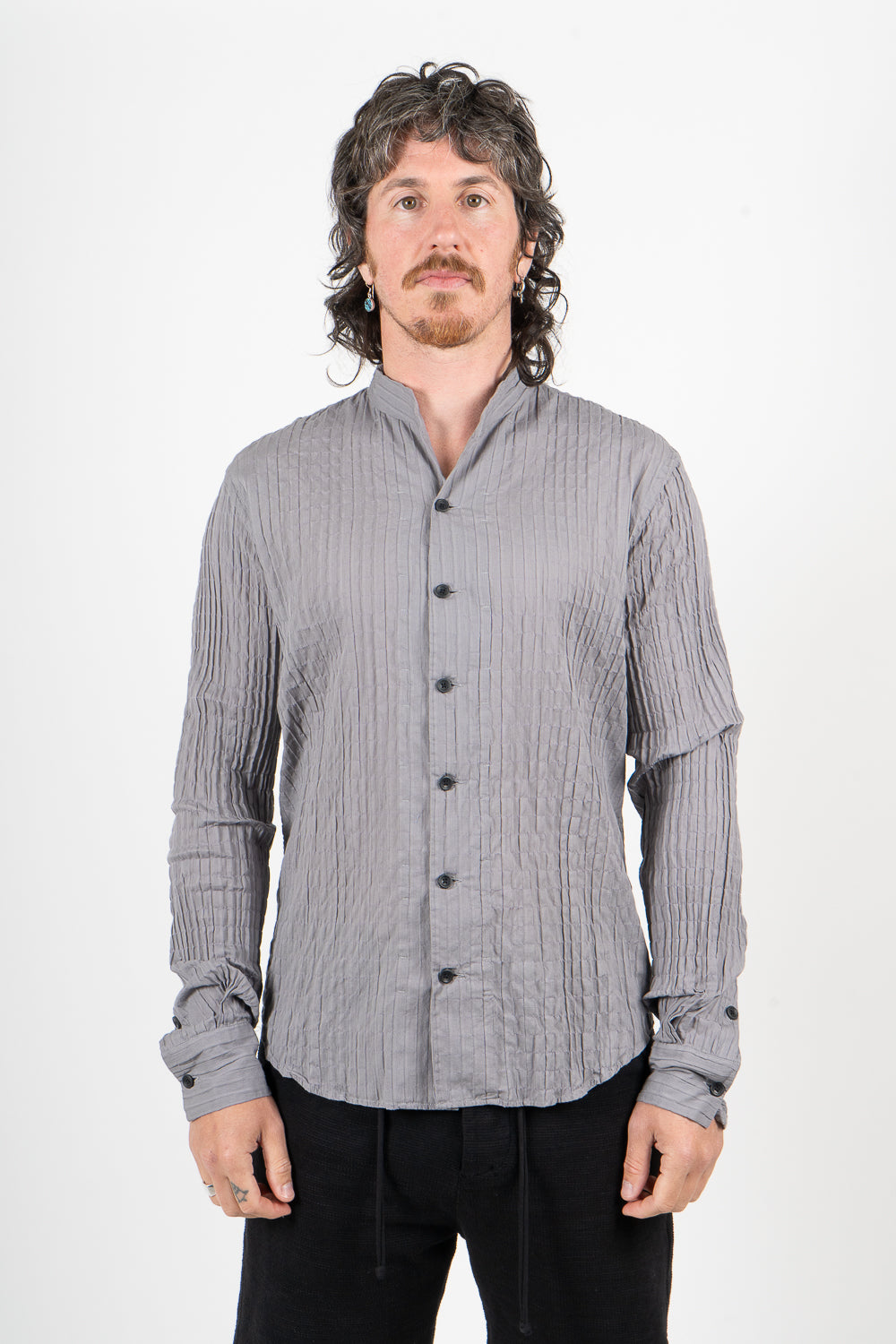 Crinkled Effect Open Collar Shirt Grey