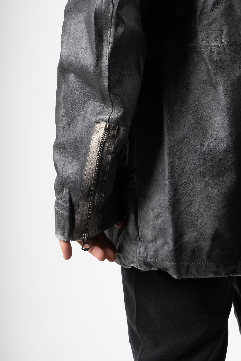 Distressed Effect Tuscan Lamb Leather Parka Jacket Charcoal