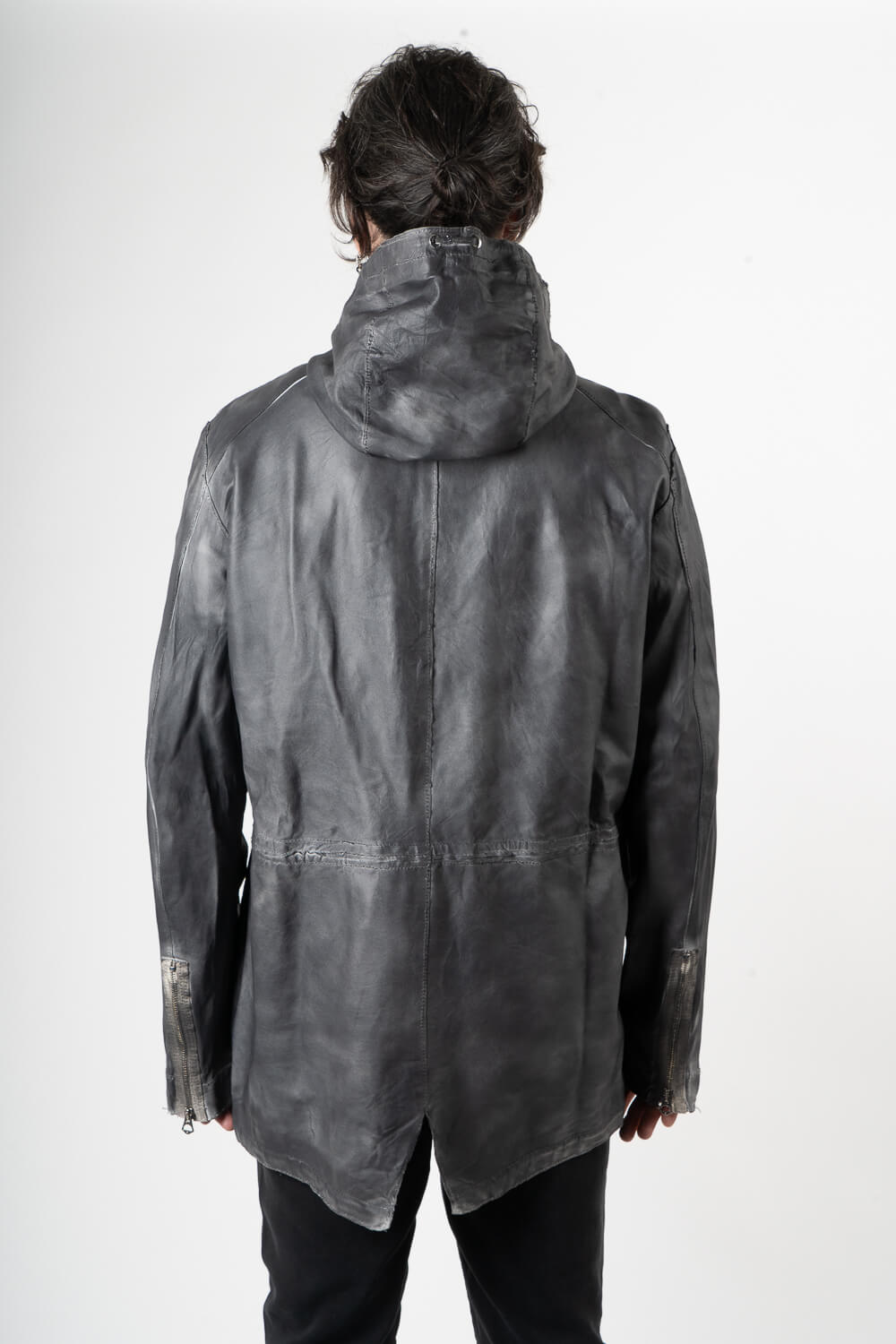 Distressed Effect Tuscan Lamb Leather Parka Jacket Charcoal