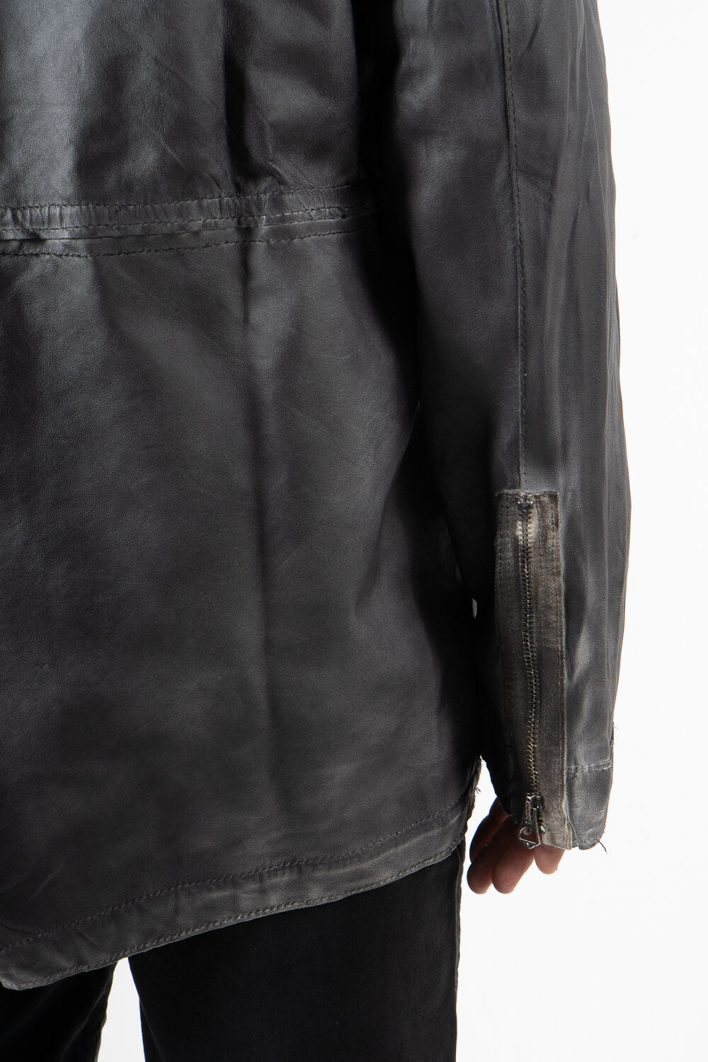 Distressed Effect Tuscan Lamb Leather Parka Jacket Charcoal