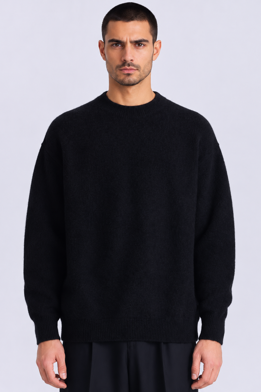 Wool Horizontal Weave Knit Crew Neck Jumper Black