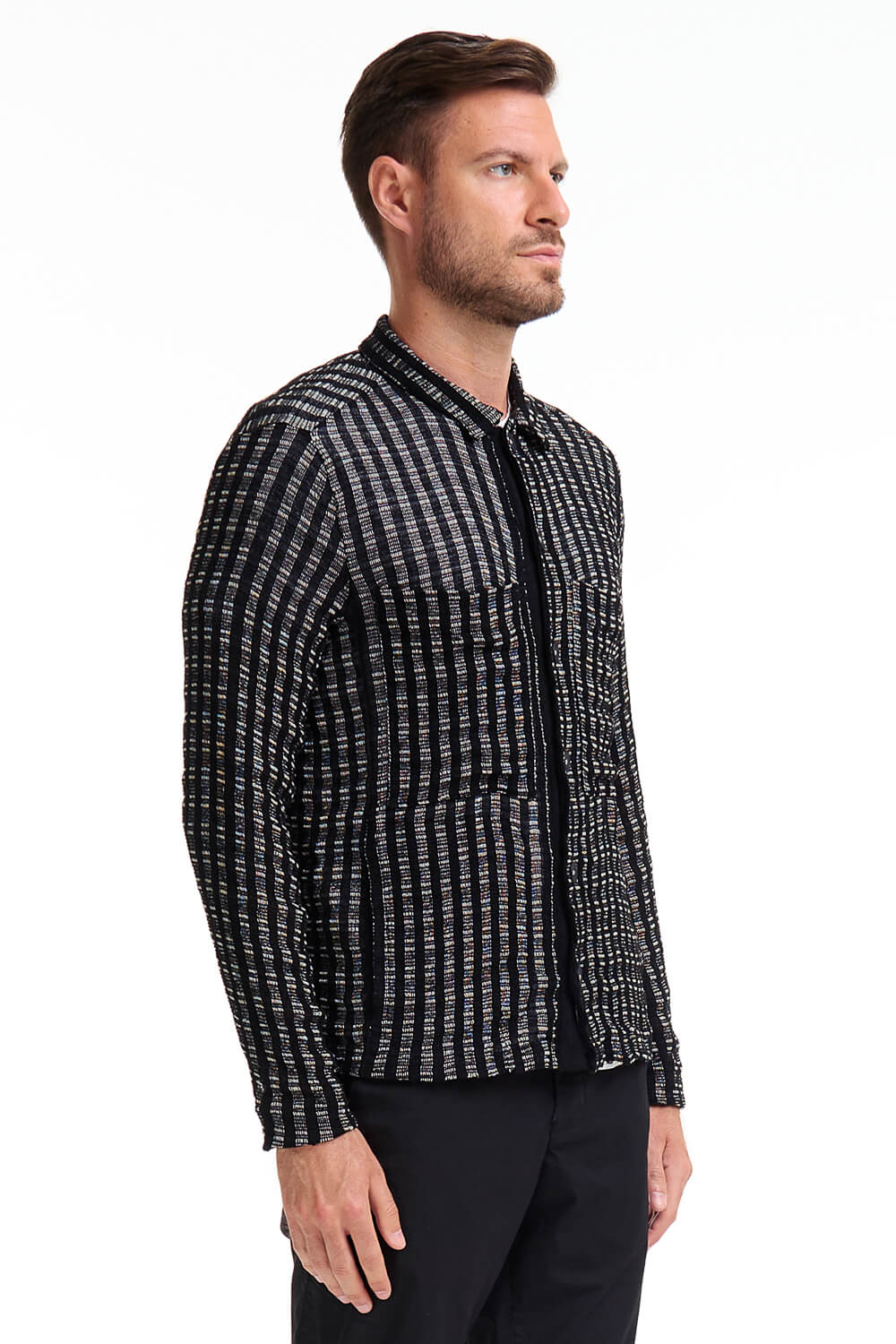 Front Pocket Linen/Cotton Blend Button-Up Shirt Black