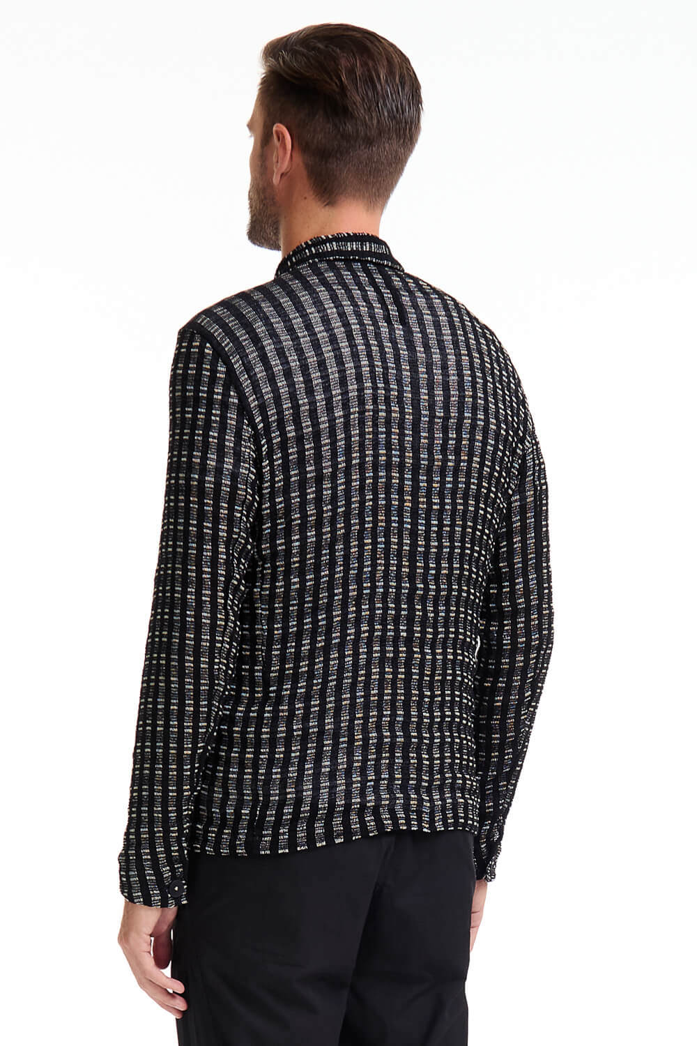 Front Pocket Linen/Cotton Blend Button-Up Shirt Black