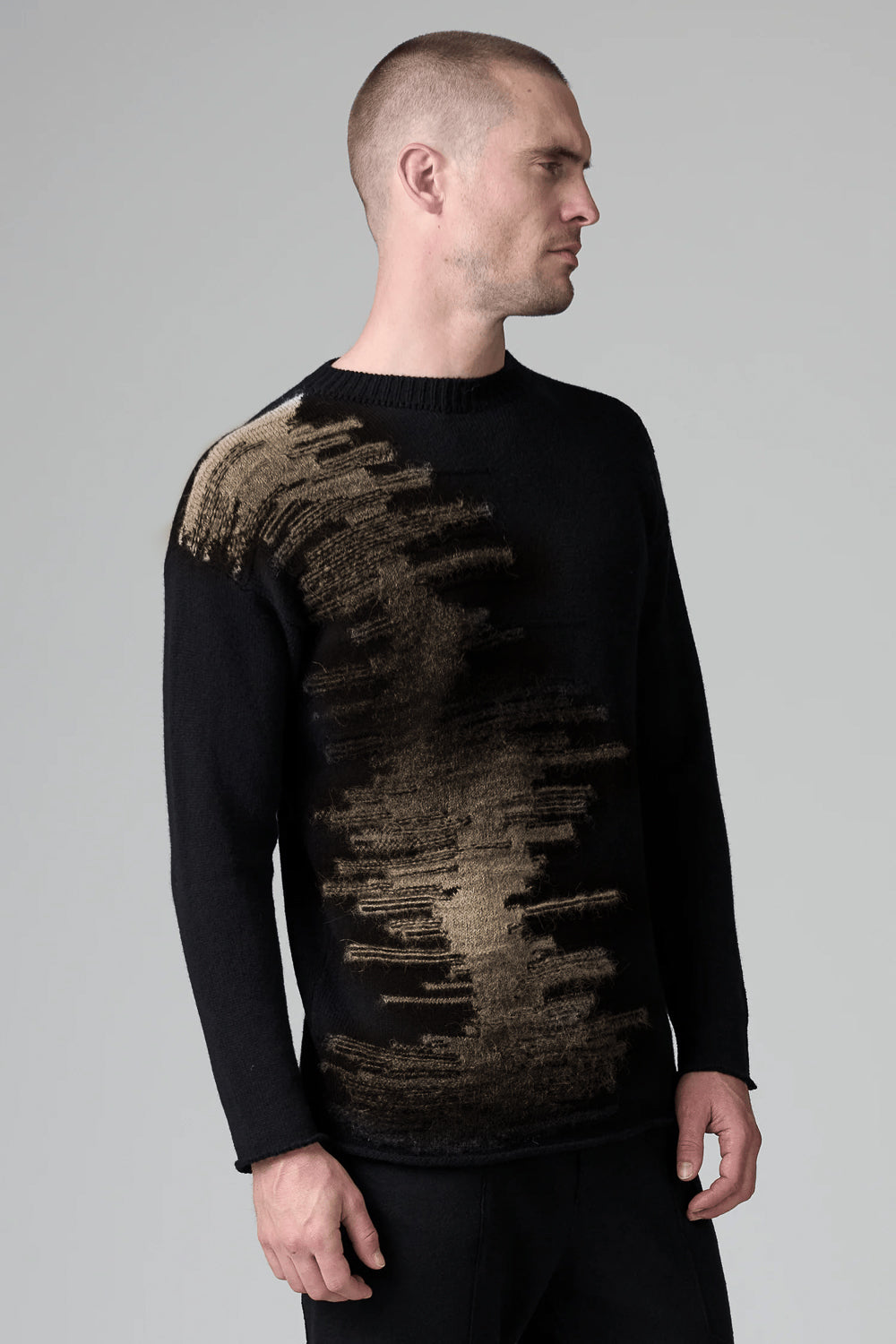 Front Intarsia Alpaca Wool Sweater Black/Camel