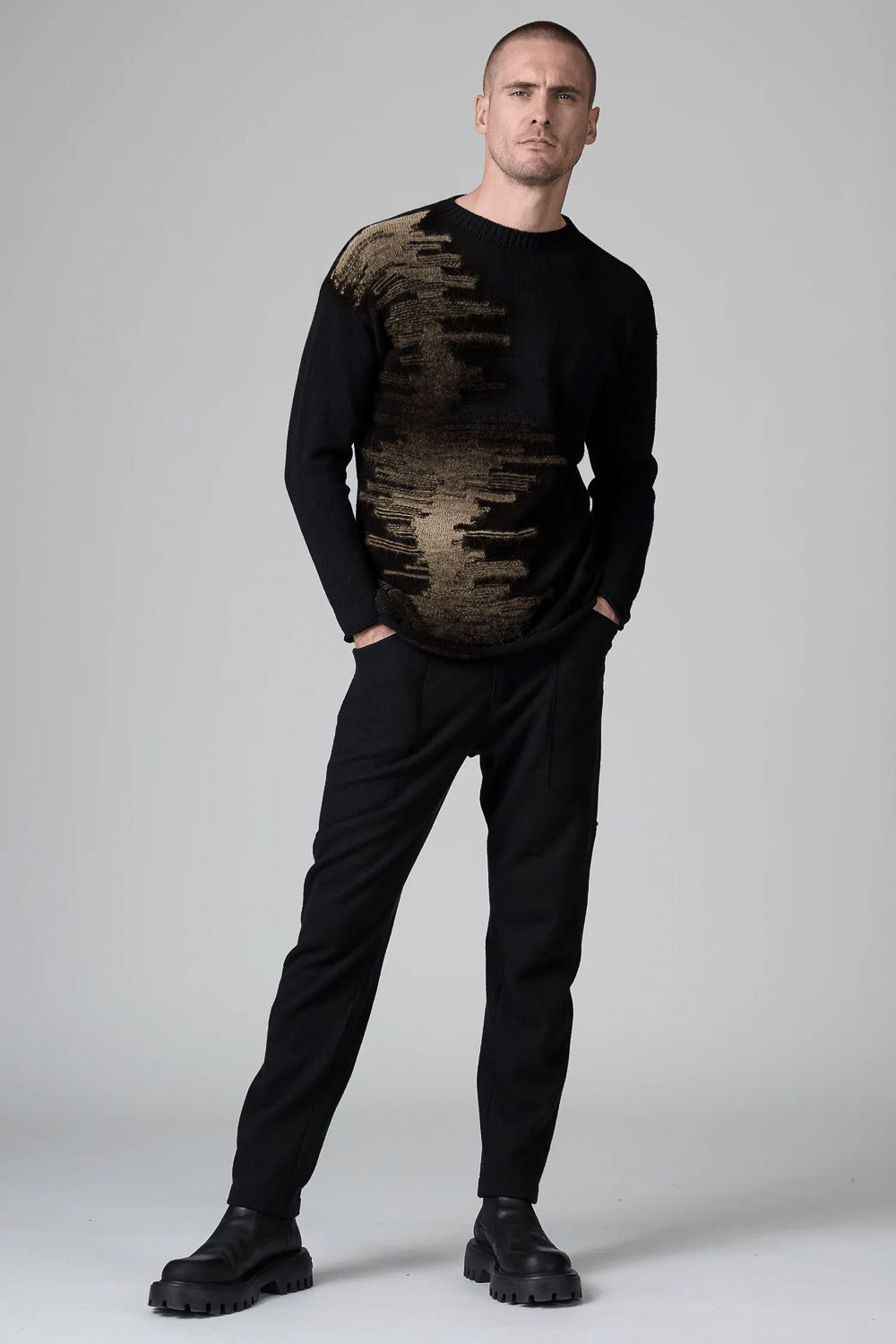 Front Intarsia Alpaca Wool Sweater Black/Camel