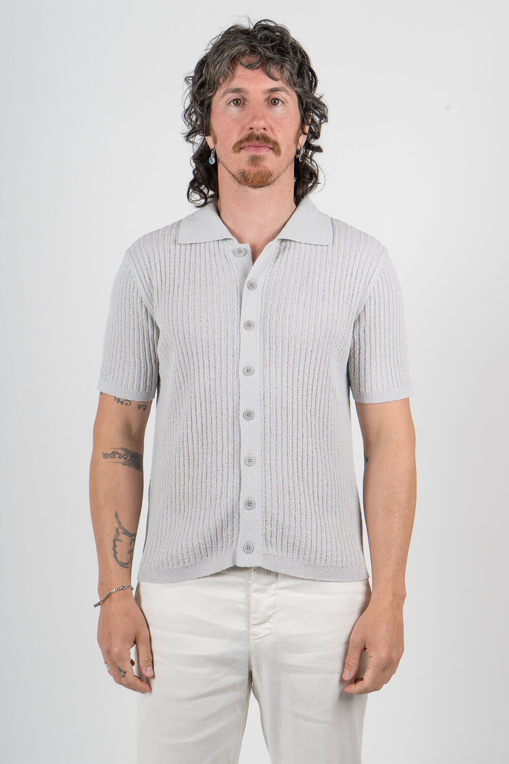 Full Button-Up Textured Cotton Shirt Light Grey