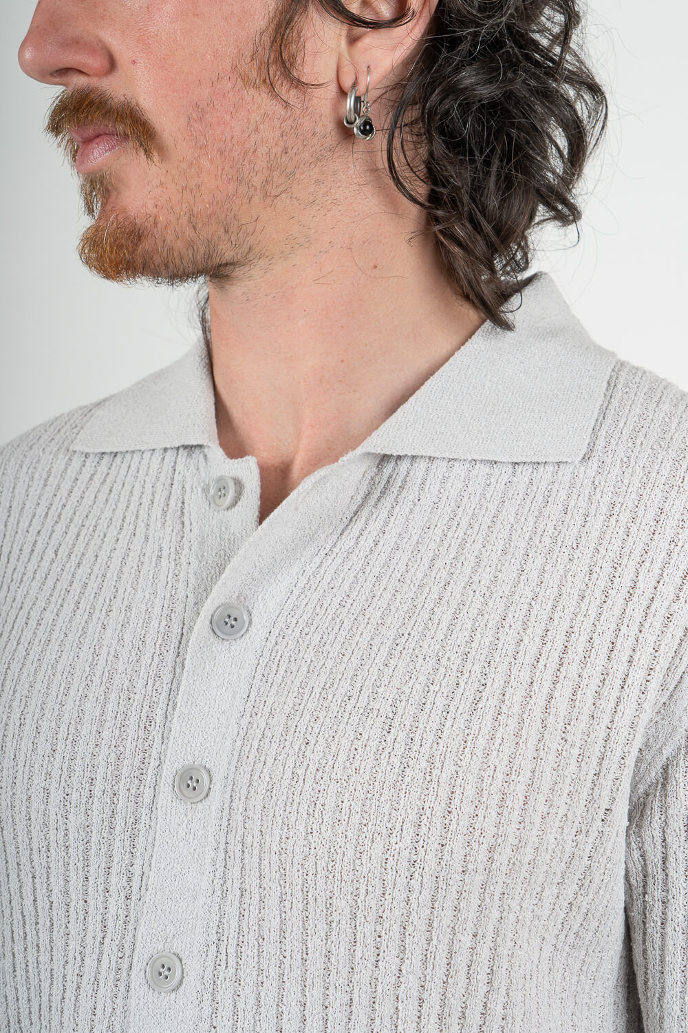 Full Button-Up Textured Cotton Shirt Light Grey